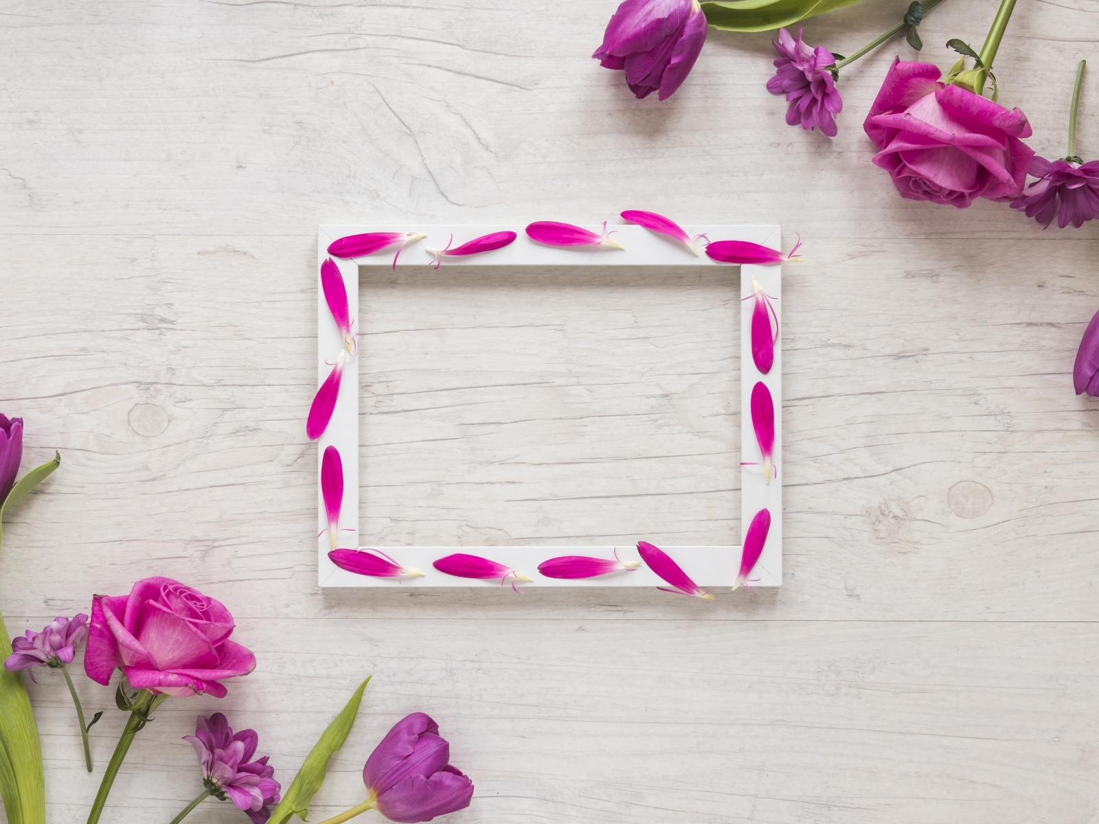Рамка для фото в лепестках на деревянном фоне с цветами