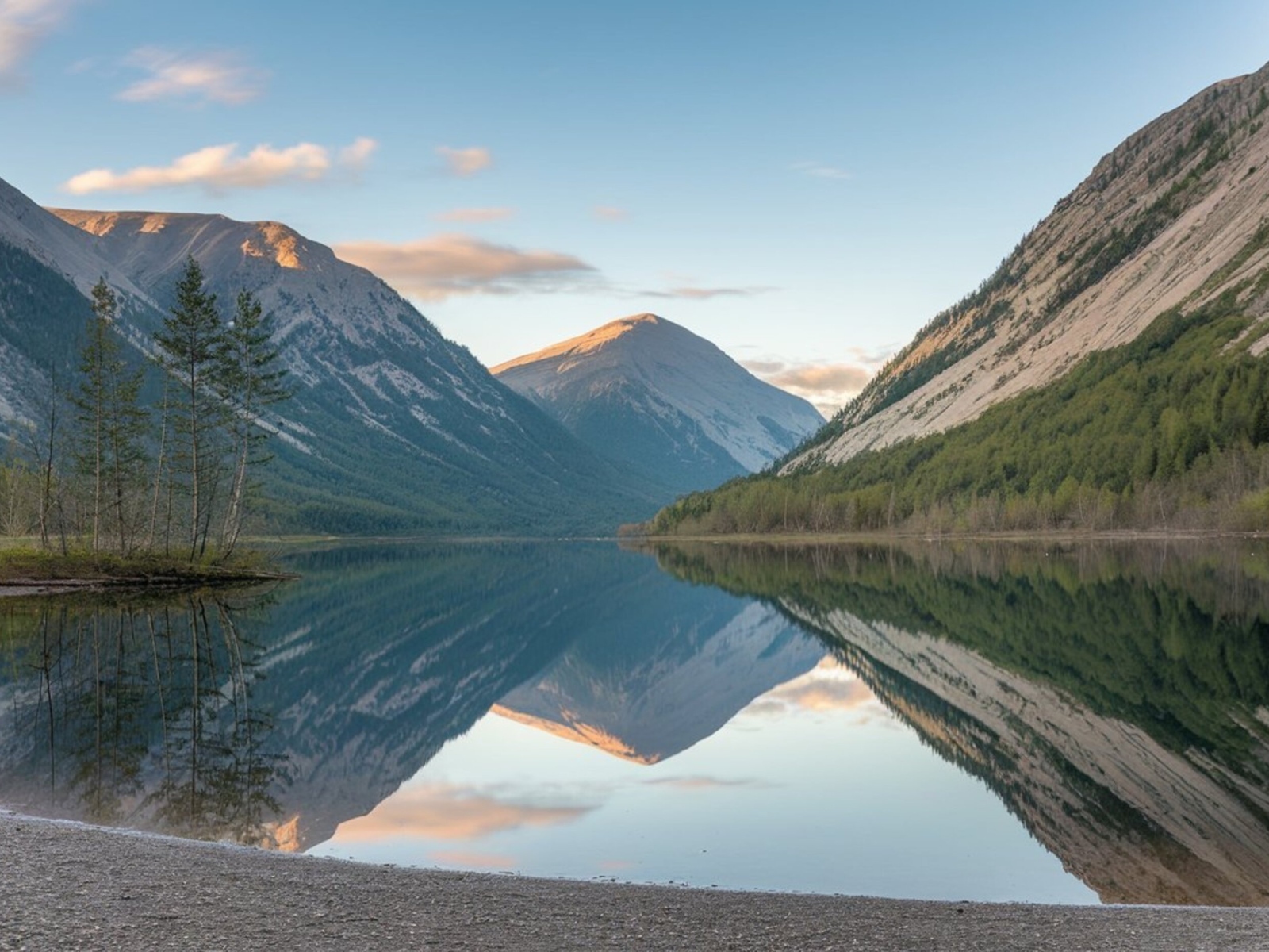 Покрытые зеленью горы отражаются в спокойной воде озера