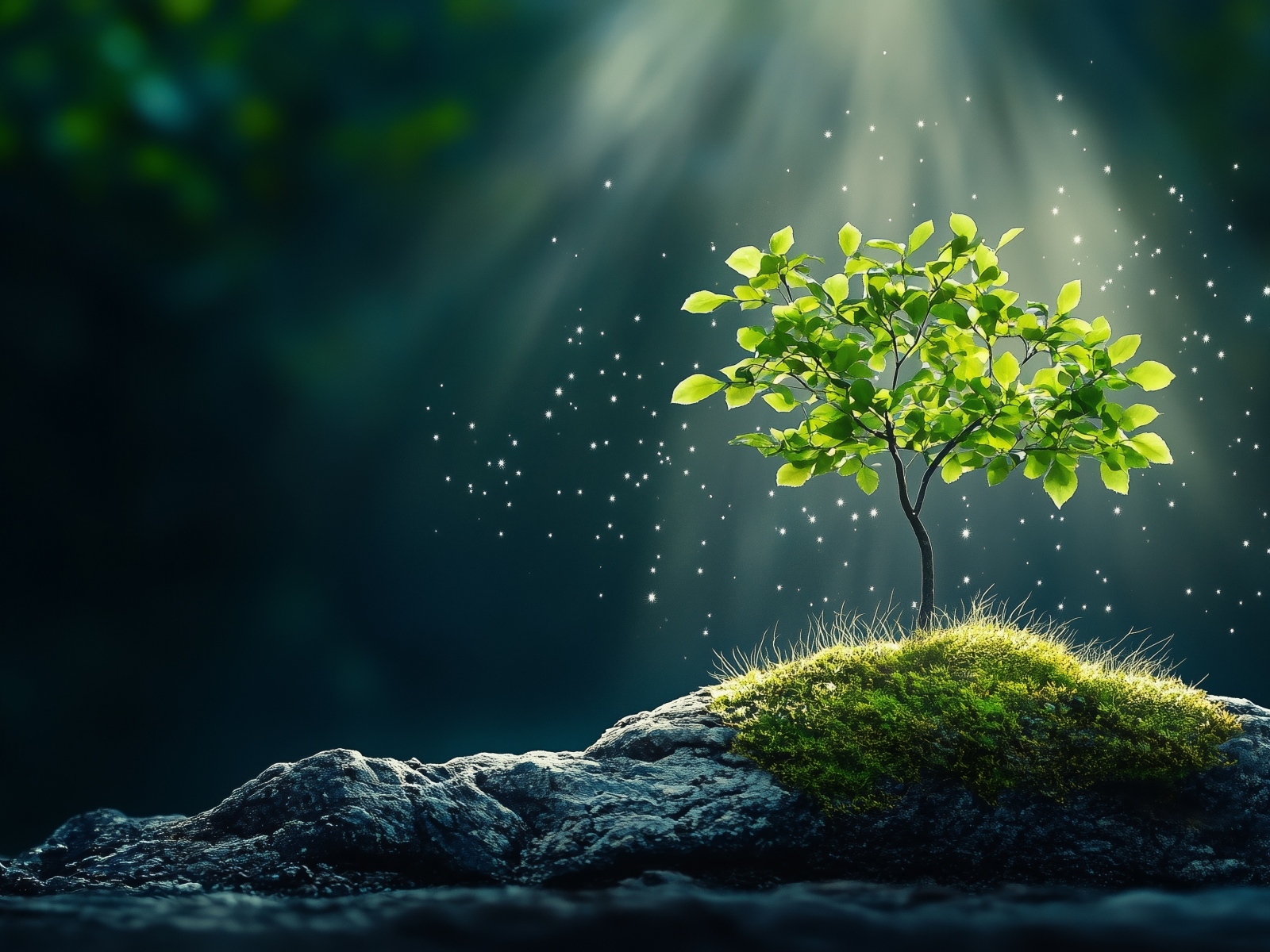 Молодой росток дерева на камне согрет лучами