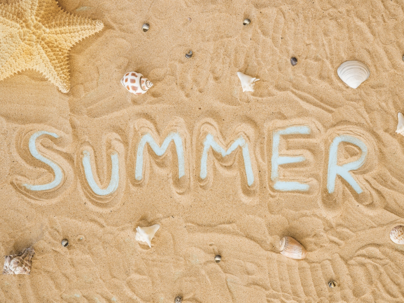 Надпись лето на песке с ракушками