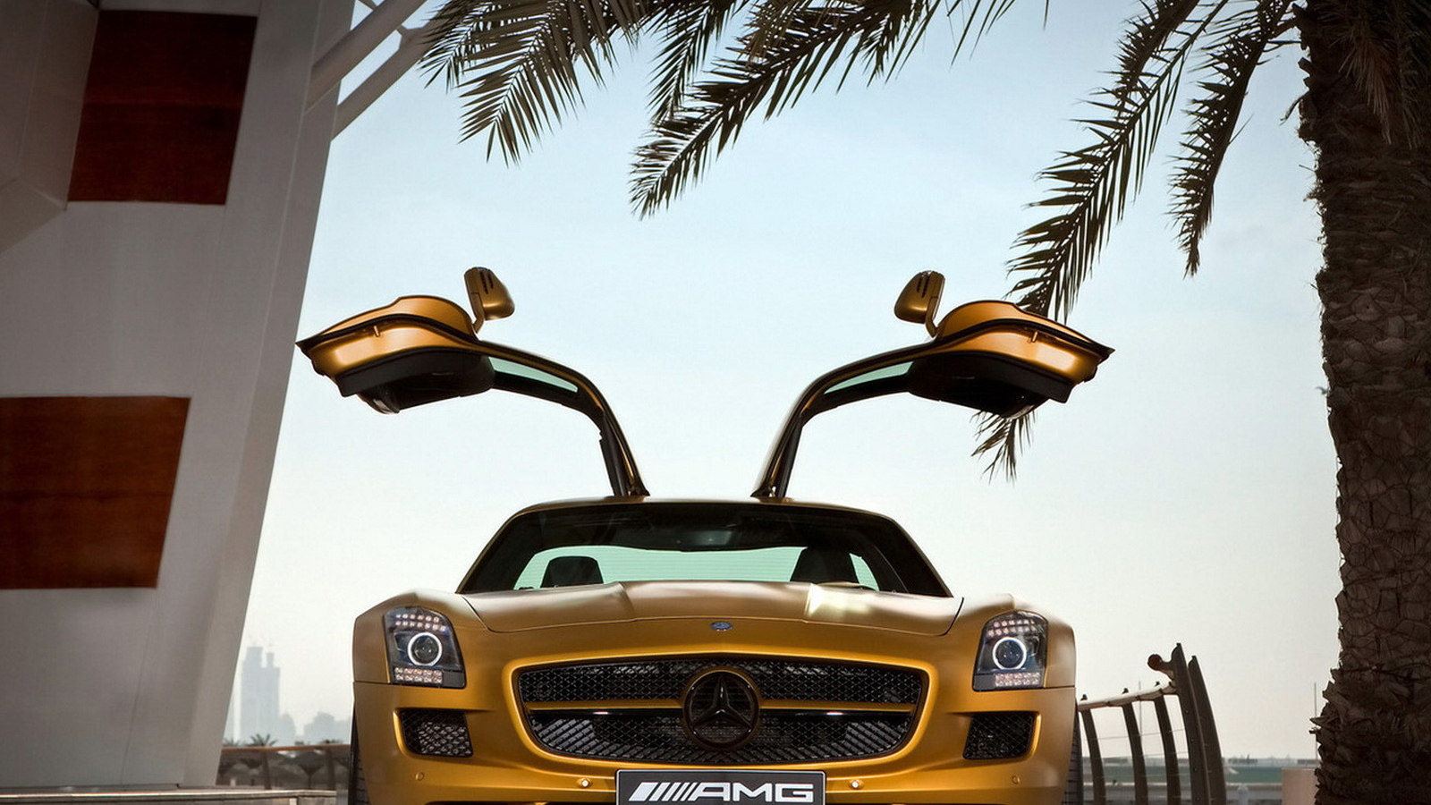 Mercedes Benz SLS AMG Desert Gold в тени пальмы