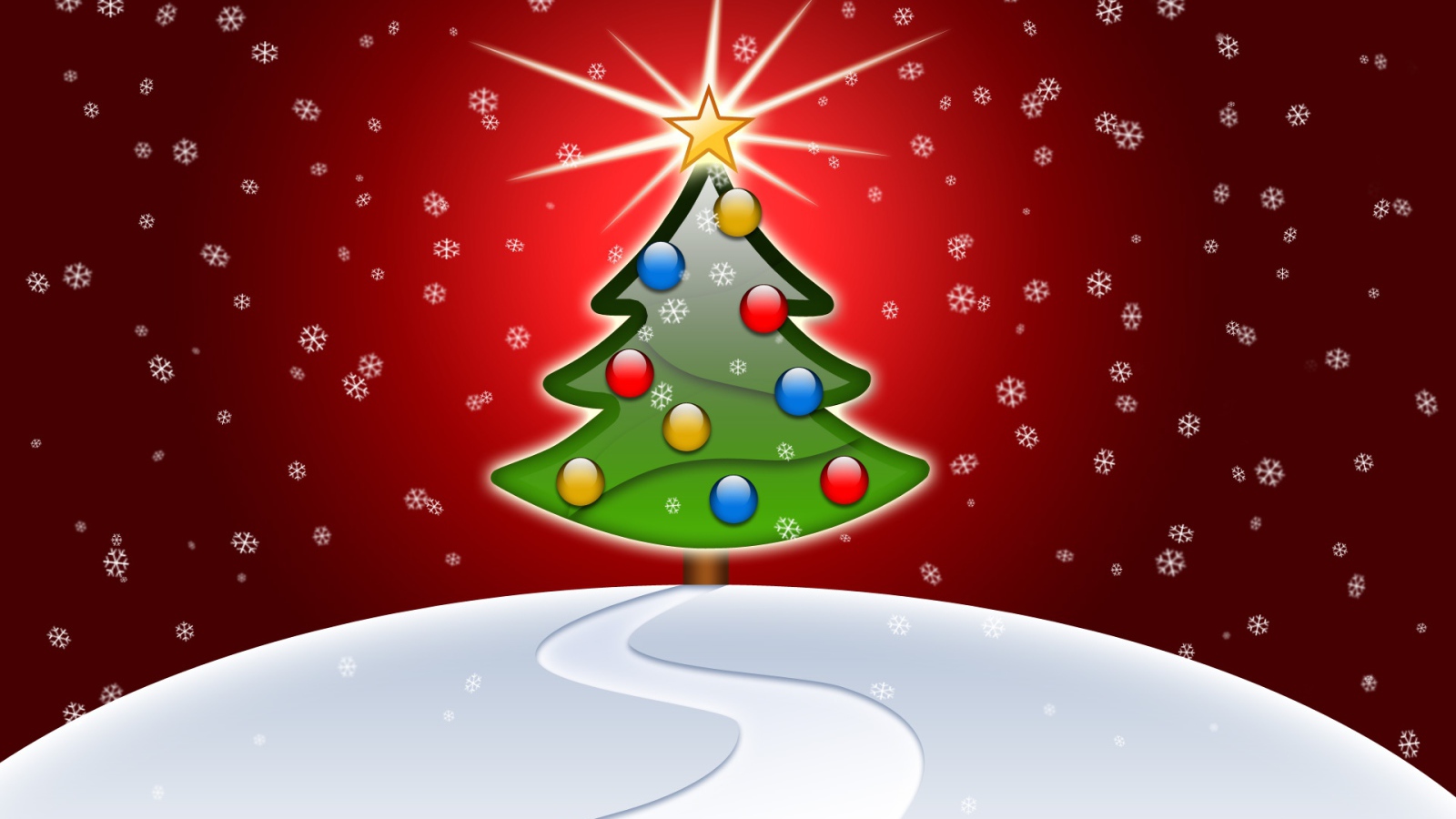 Ёлка на снежном холме на красном фоне на рождество