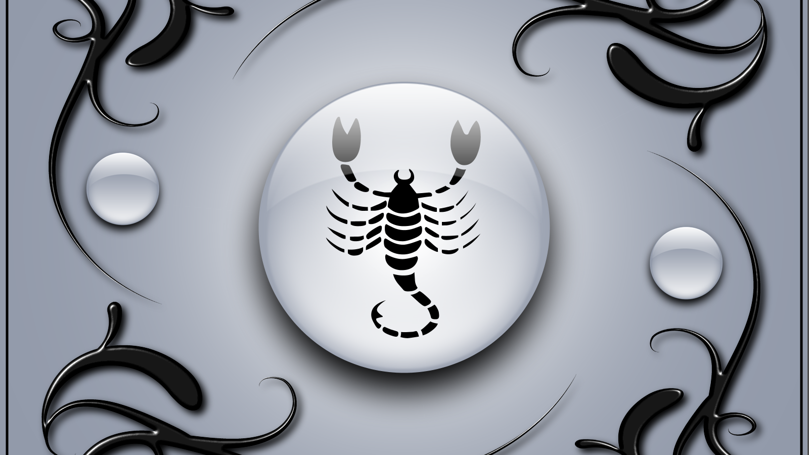 Знак скорпион на сером фоне с чёрным орнаментом 