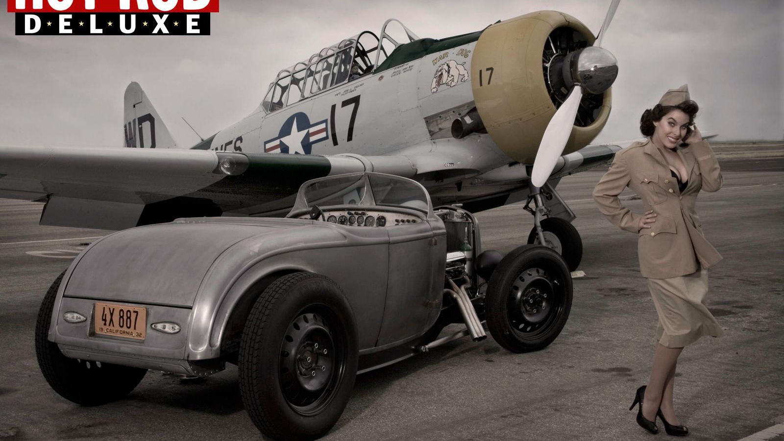 Ретро фото с девушкой автомобилем и самолетом