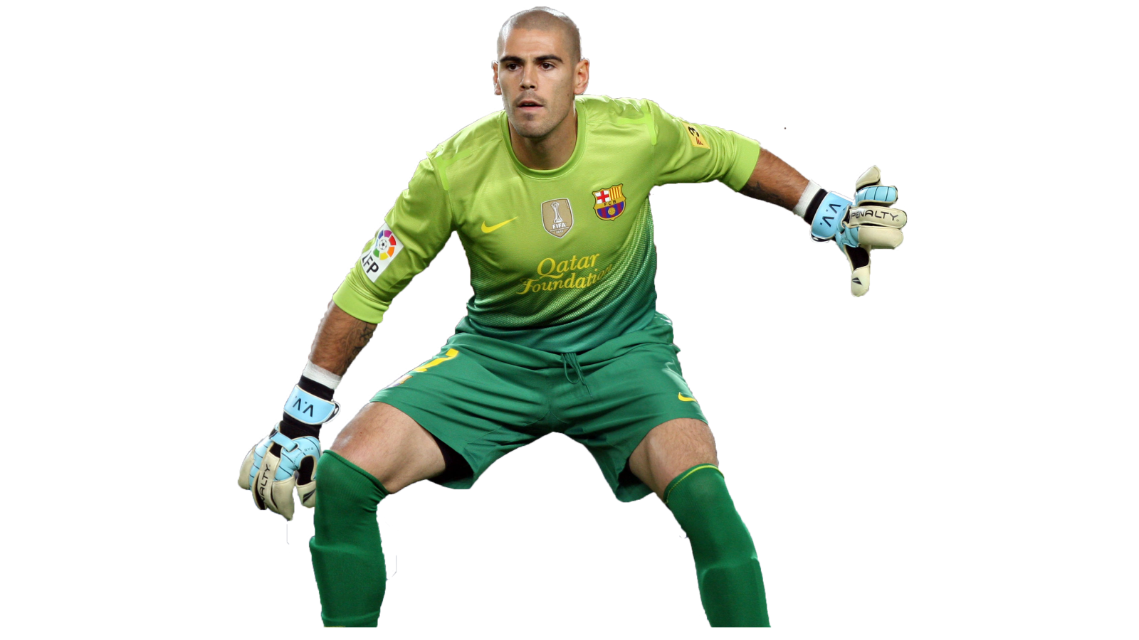 Игрок Барселоны Виктор Вальдес на белом фоне