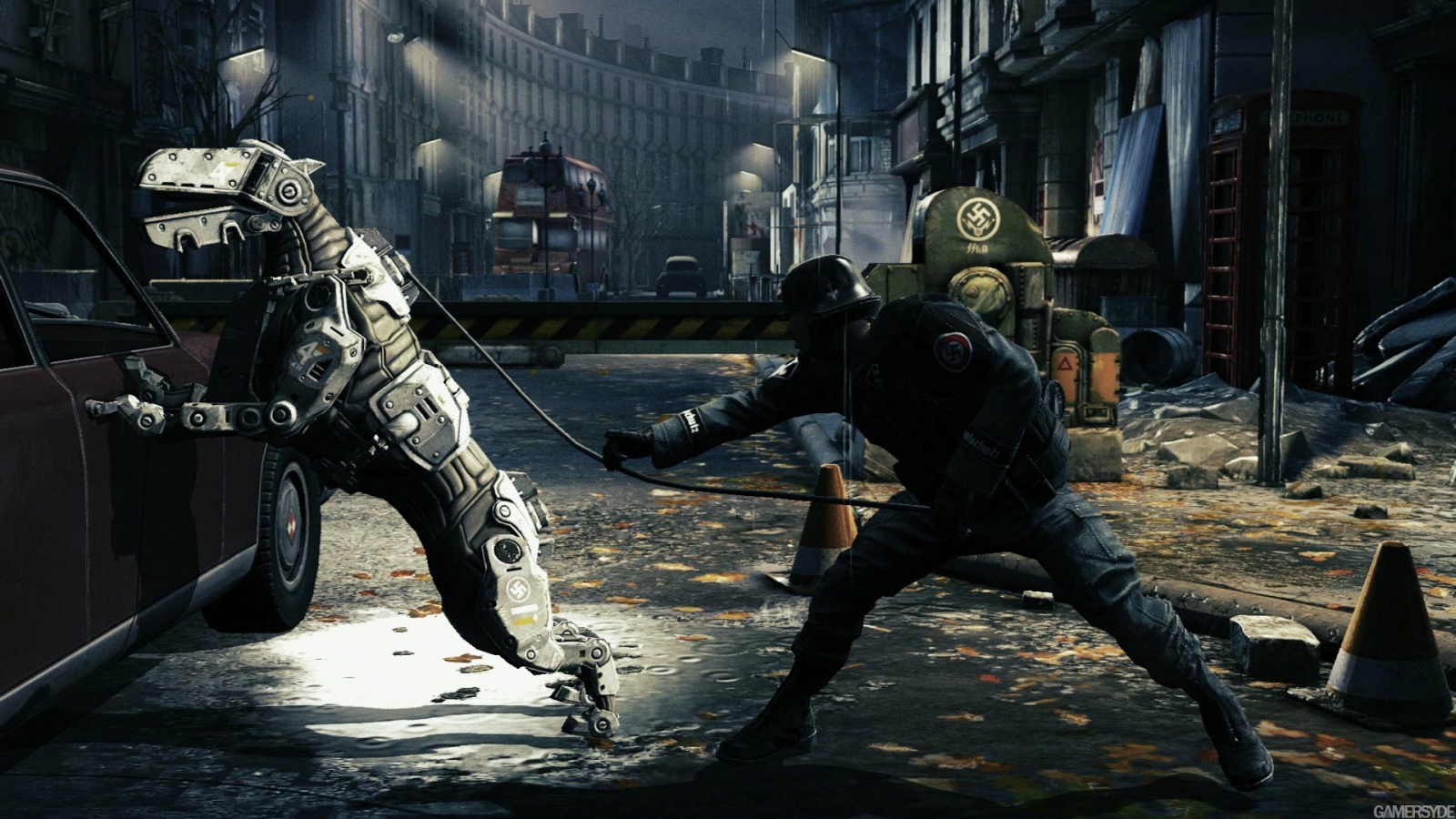 Wolfenstein New Order: солдат выпускает свою собаку