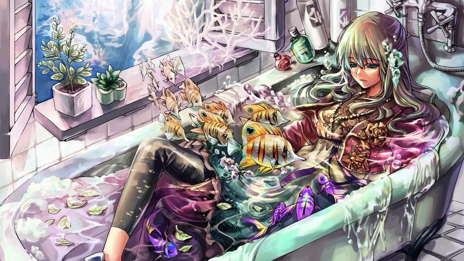 Девочка в ванне с рыбами