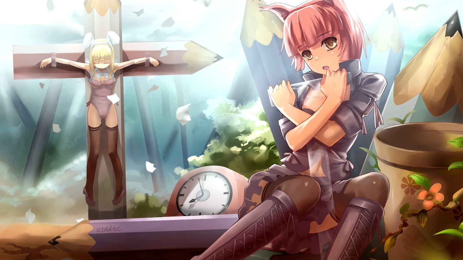 Девочка на кресте из карандашей