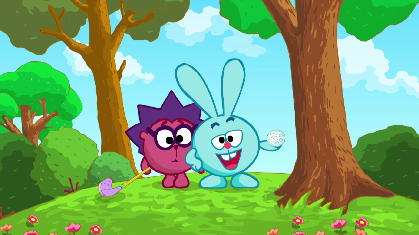 Игра в гольф в мультфильме Смешарики