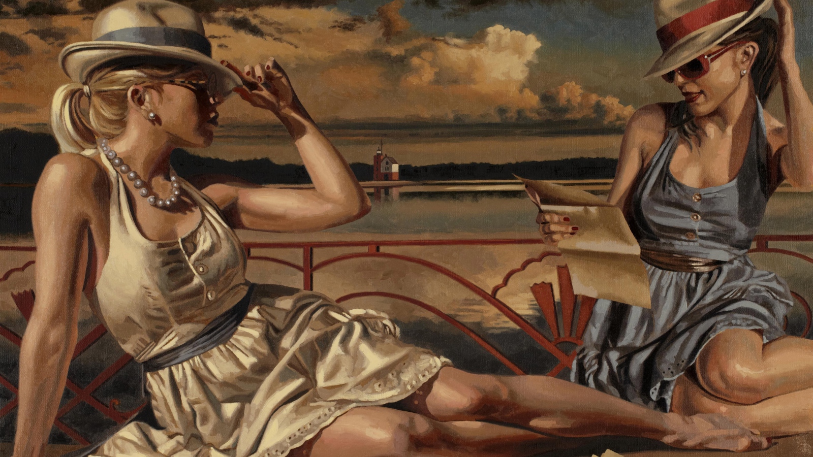 Девушки отдыхают на берегу озера