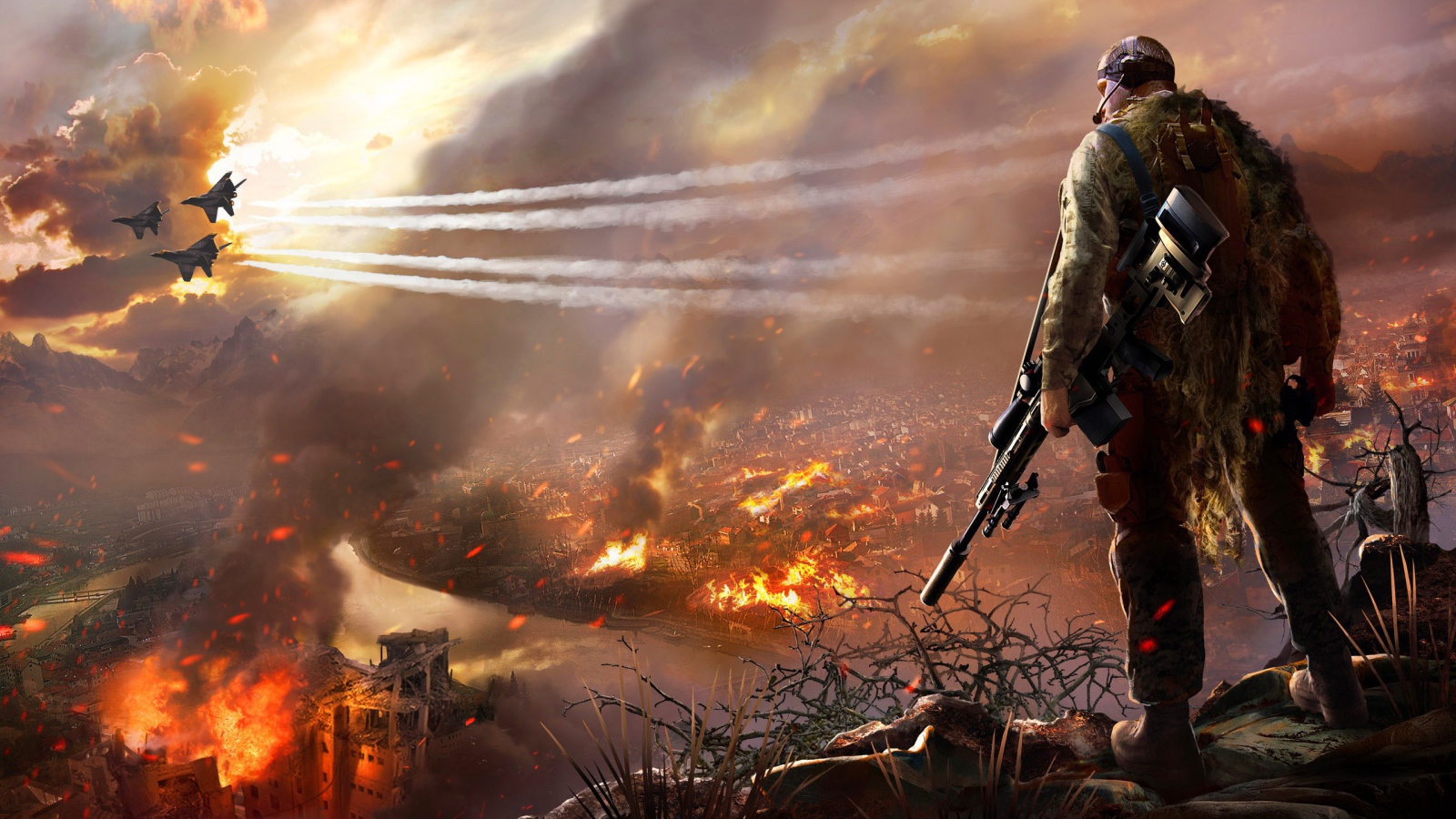 Снайпер смотрит на горящий город