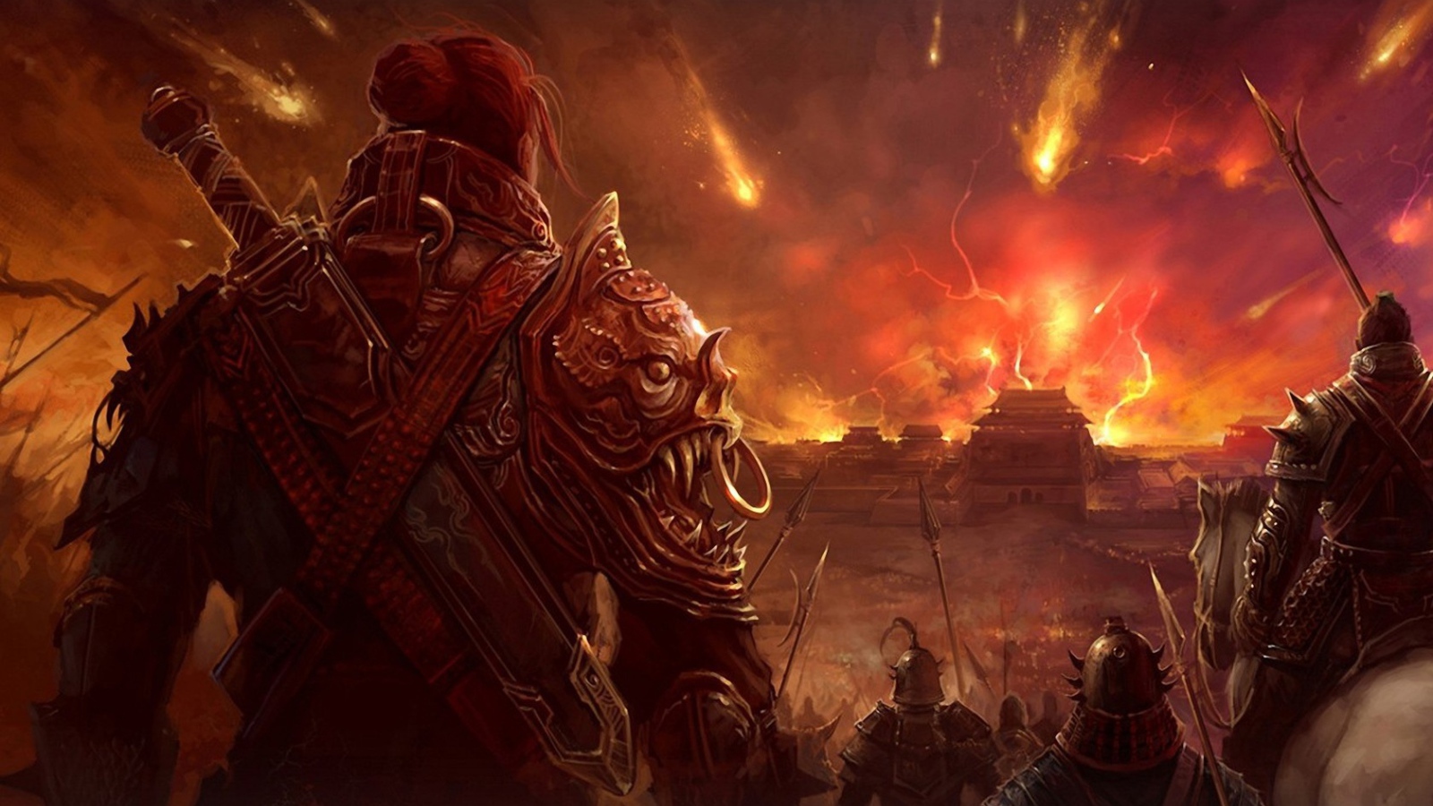 Воины смотрят на горящий город