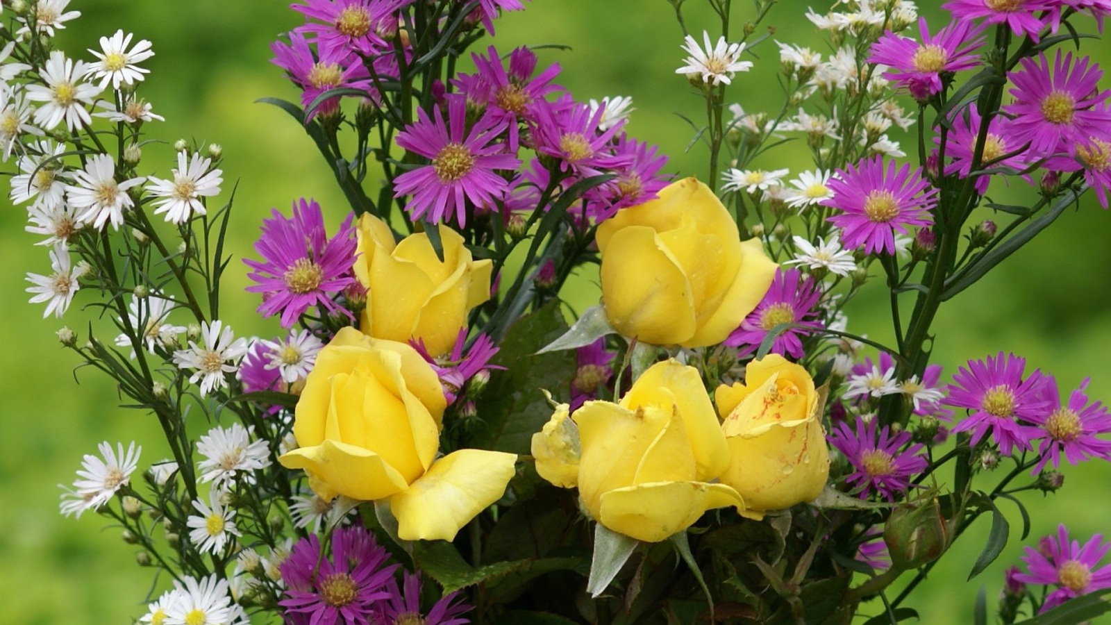 Жёлтые розы и другие цветы в букете