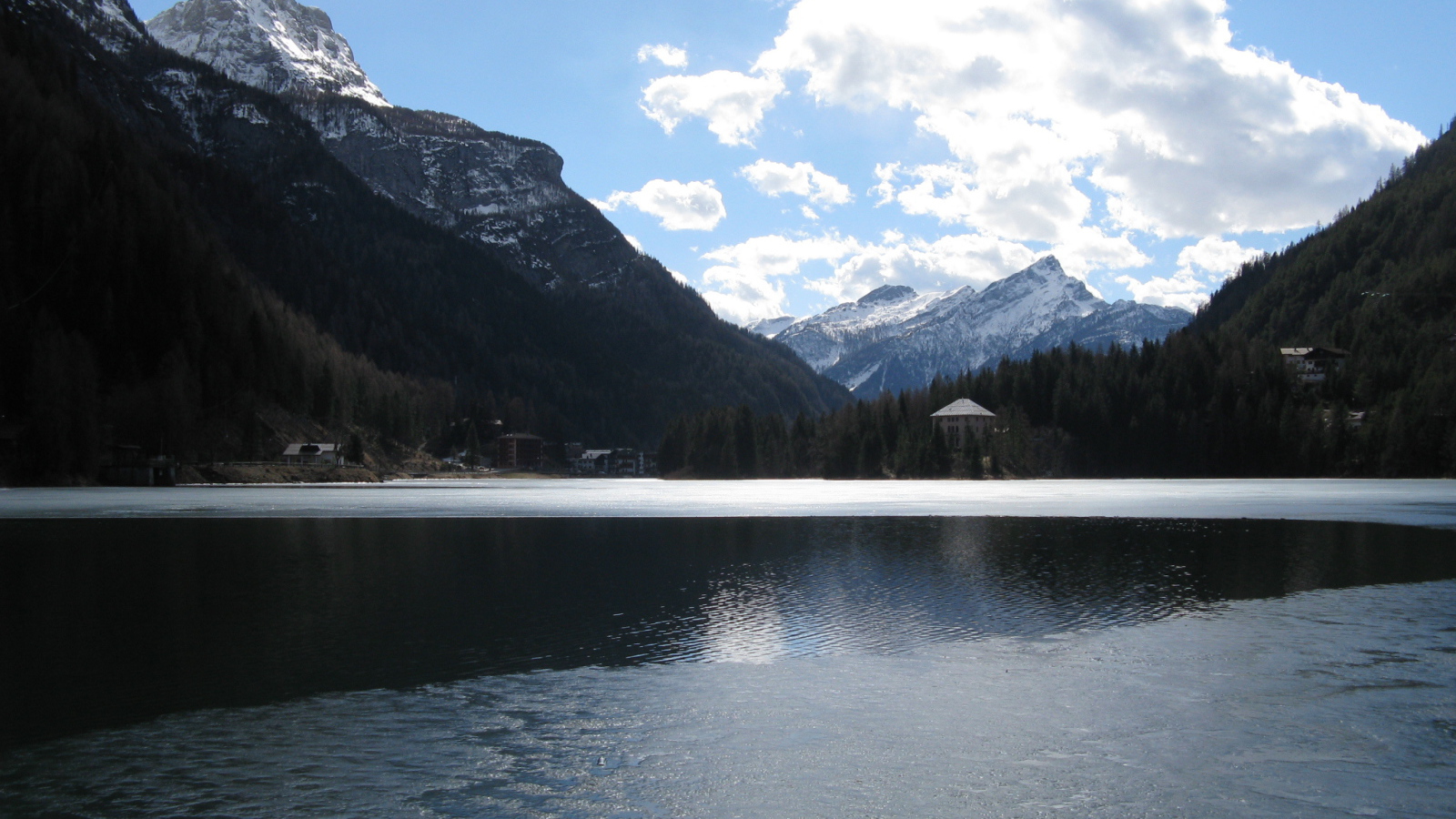 Winter lake in the resort of Alleghe, Italy