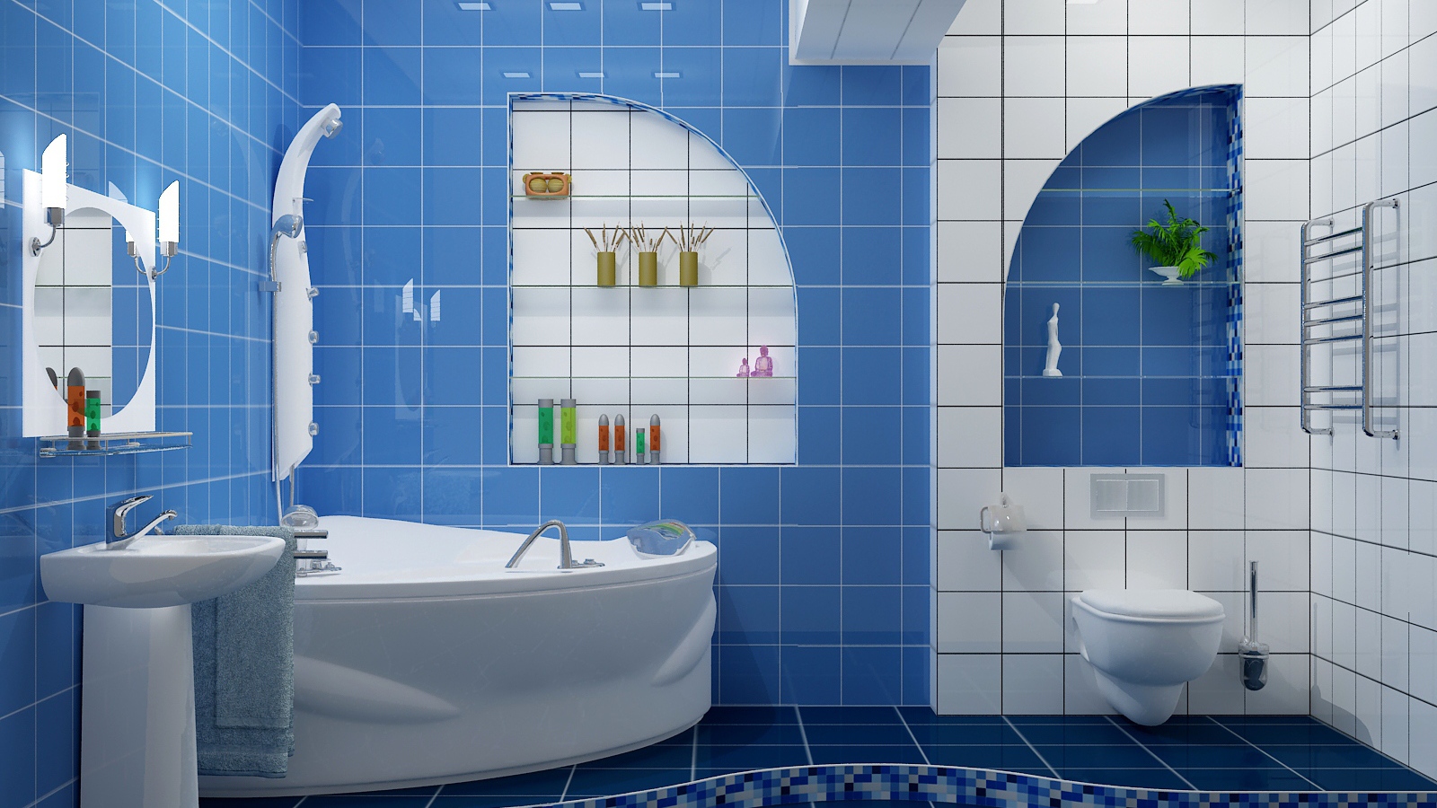 Бело голубой кафель в ванной комнате