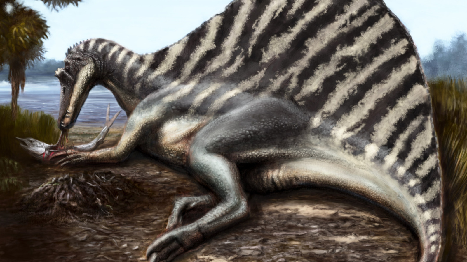 Обед динозавра на берегу реки