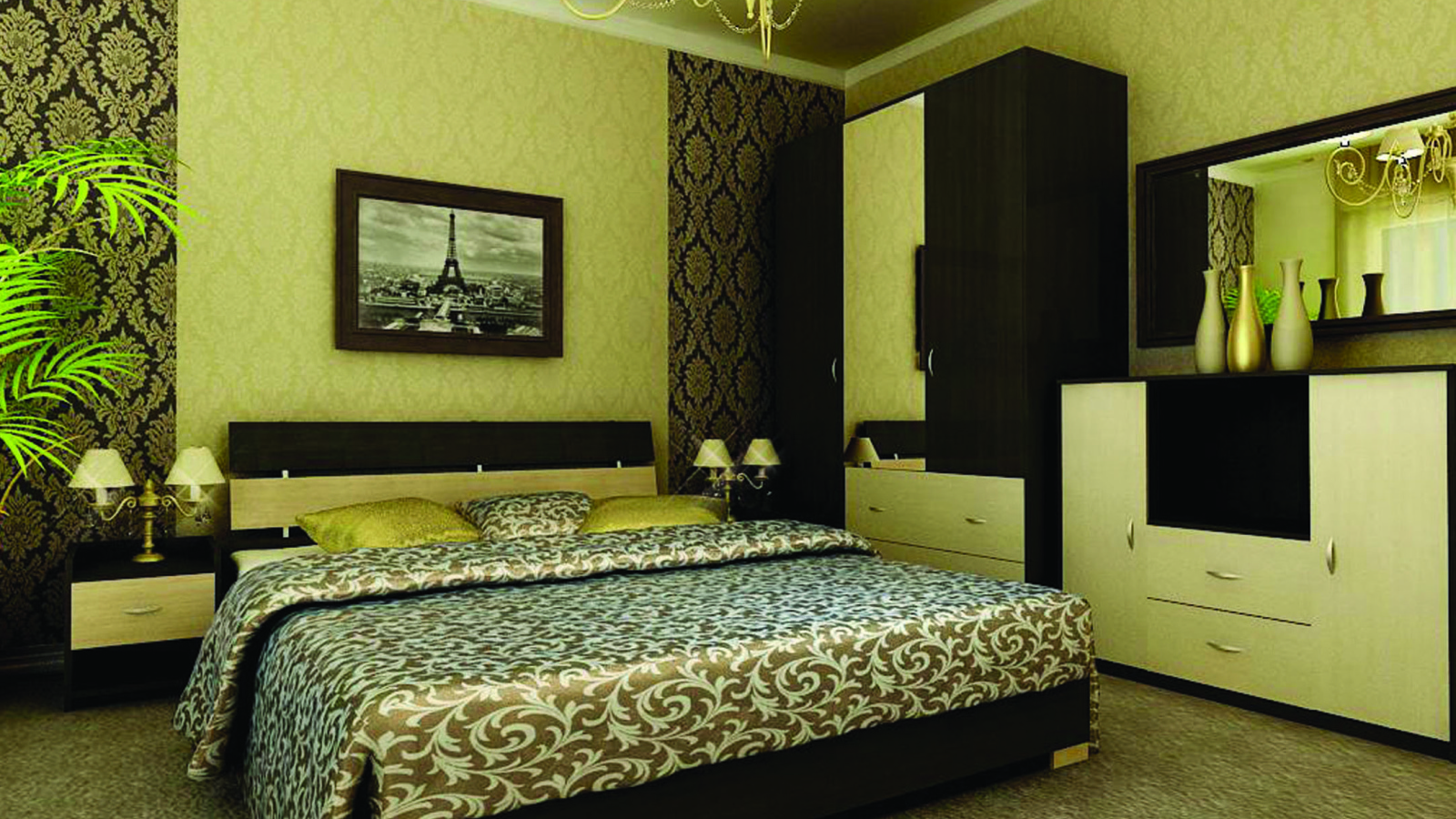 Зеленые обои в спальне