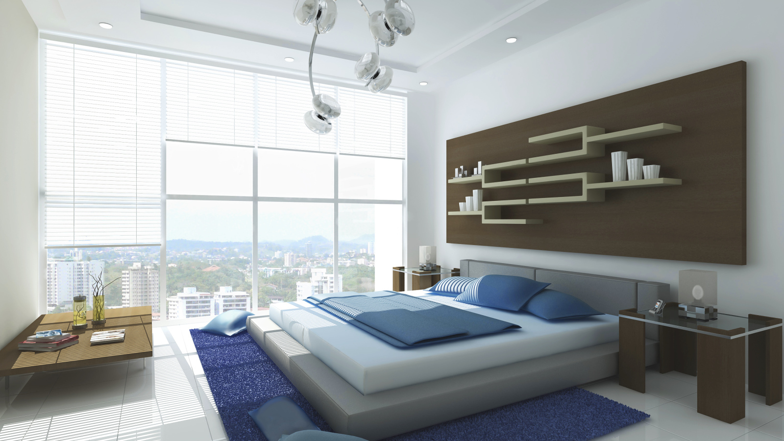 Полки на стене в спальне