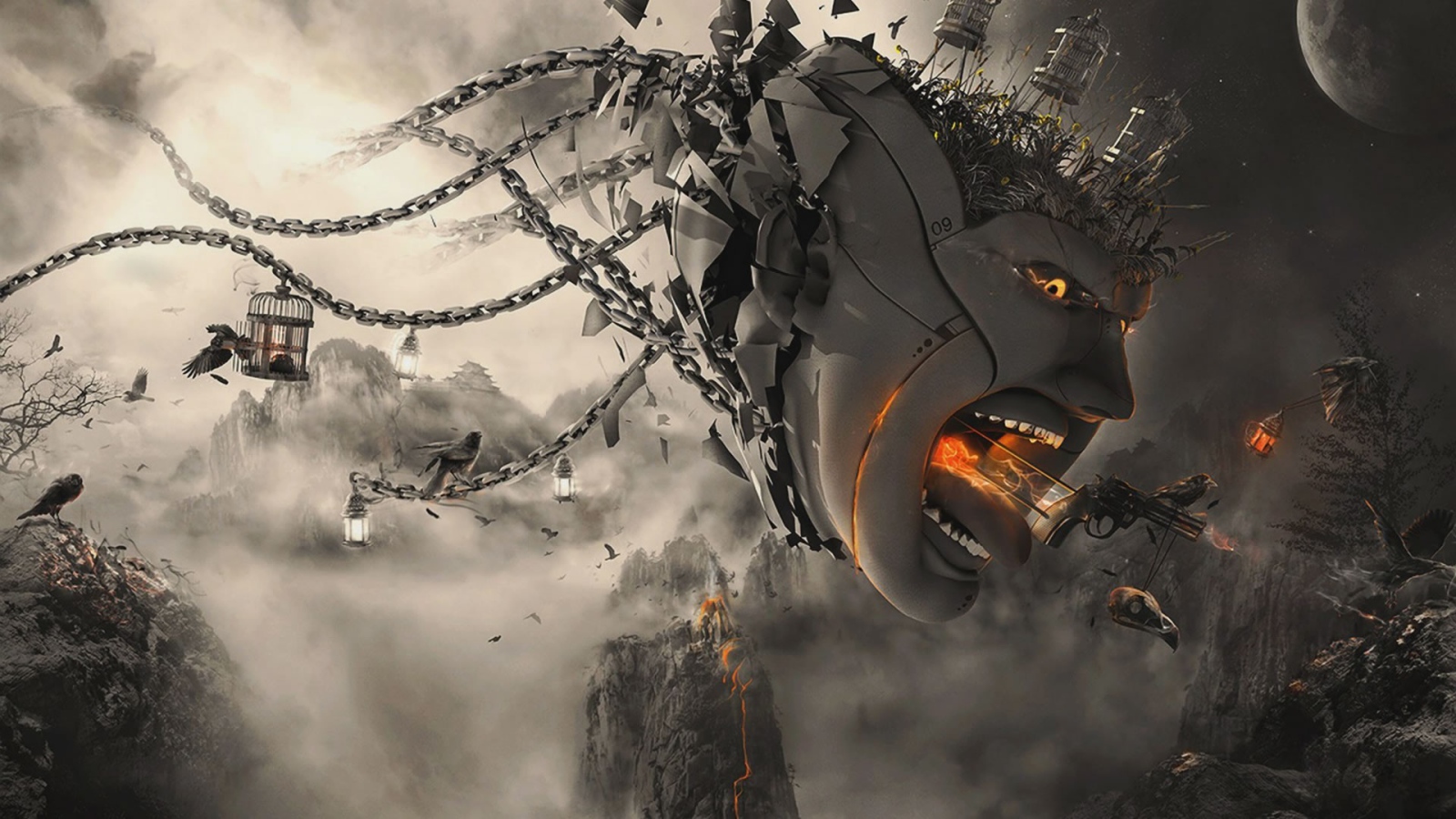 Летающая голова с цепями, 3-Д графика