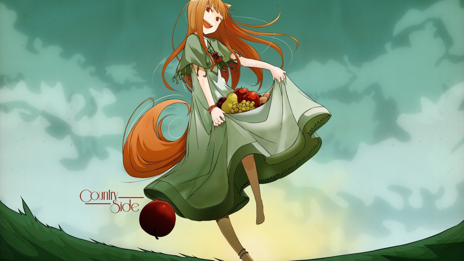 Девушка аниме несет в подоле фрукты