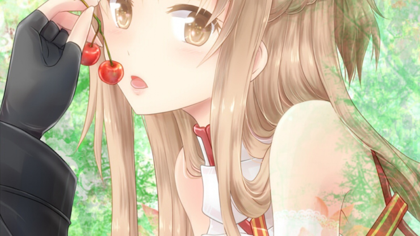 Аниме девушка Yuuki Asuna кушает вишни