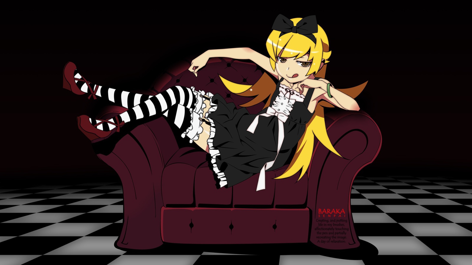 Девушка аниме Ошино сидит на кресле