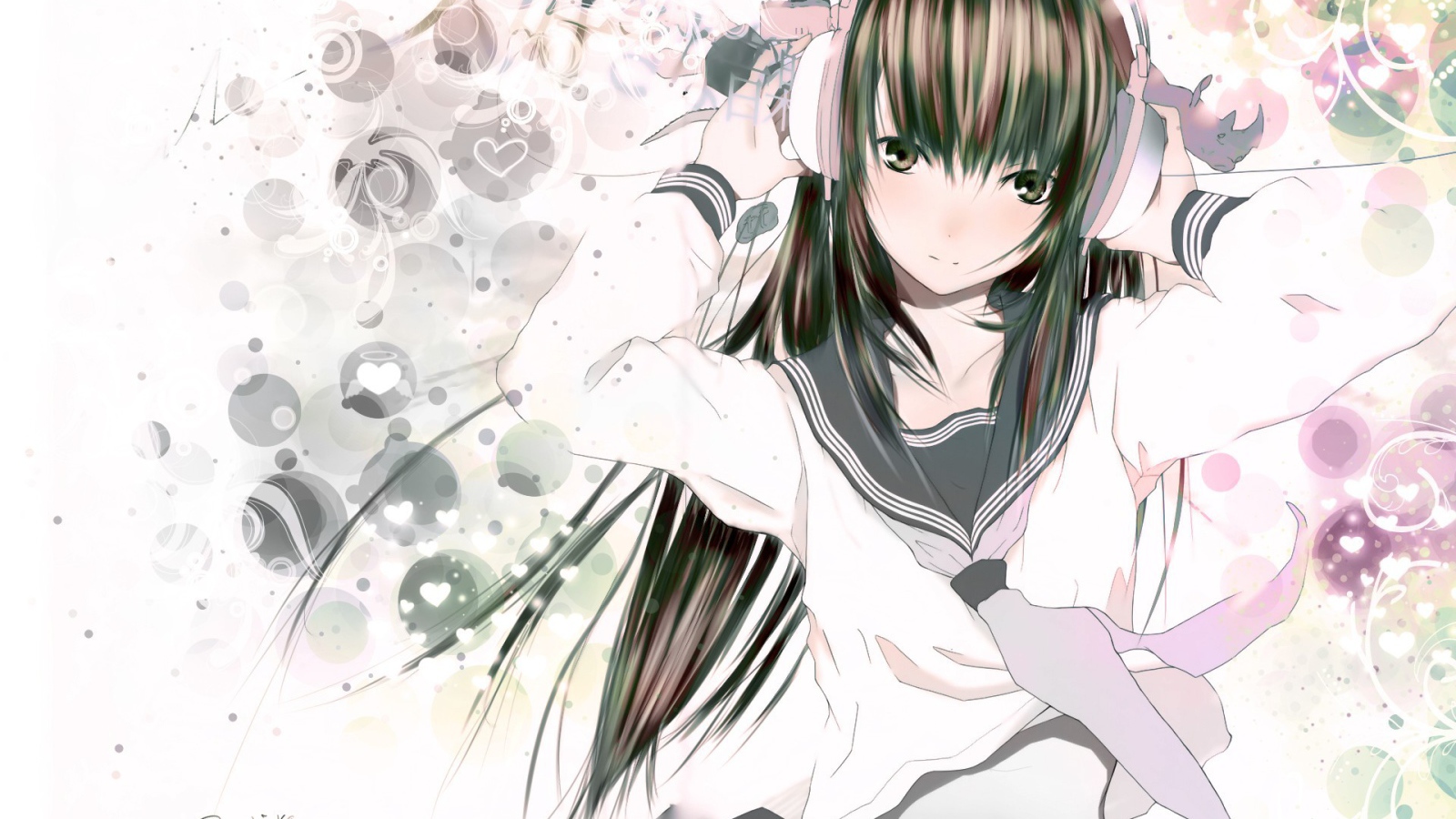 Аниме девушка в наушниках и школьной форме