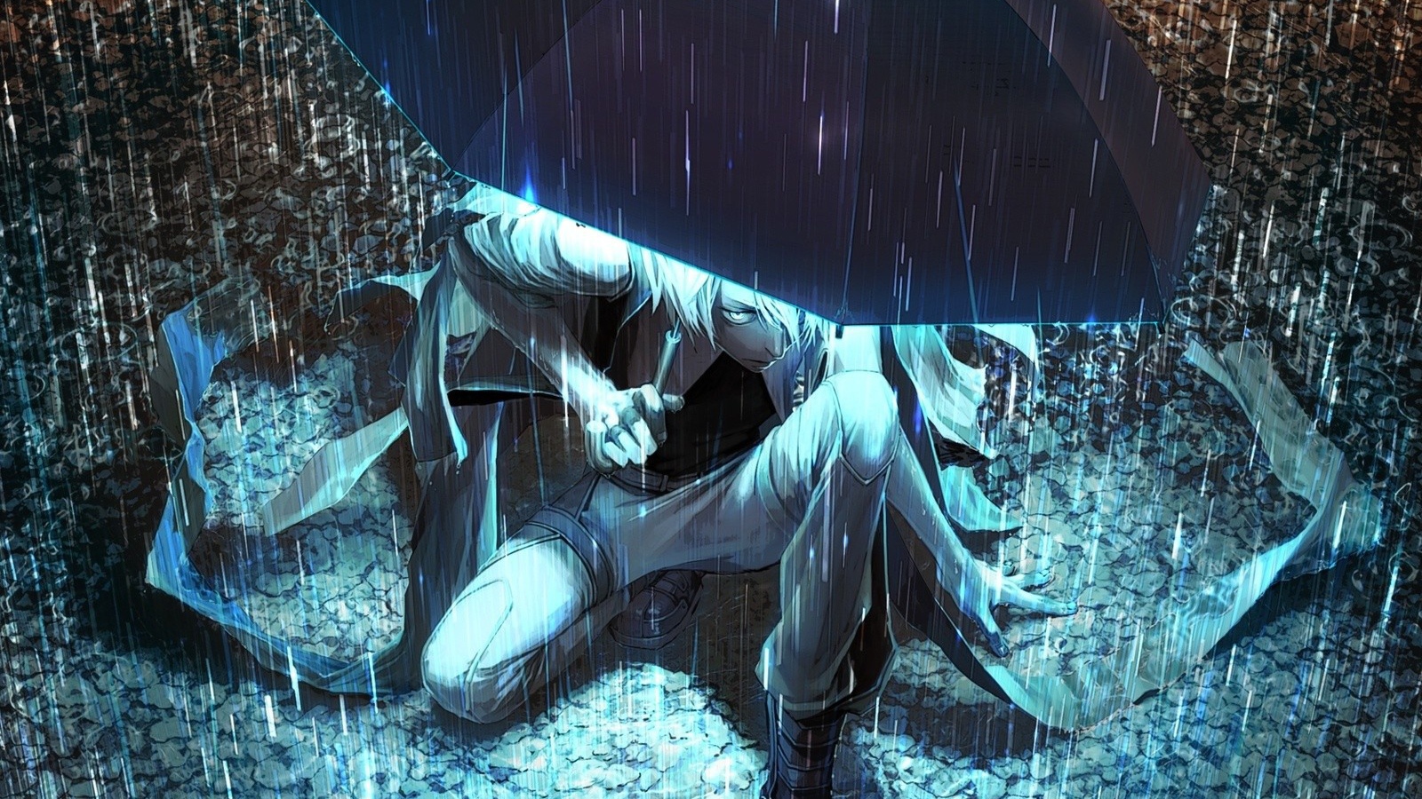 Парень аниме прячется от дождя под светящимся зонтом