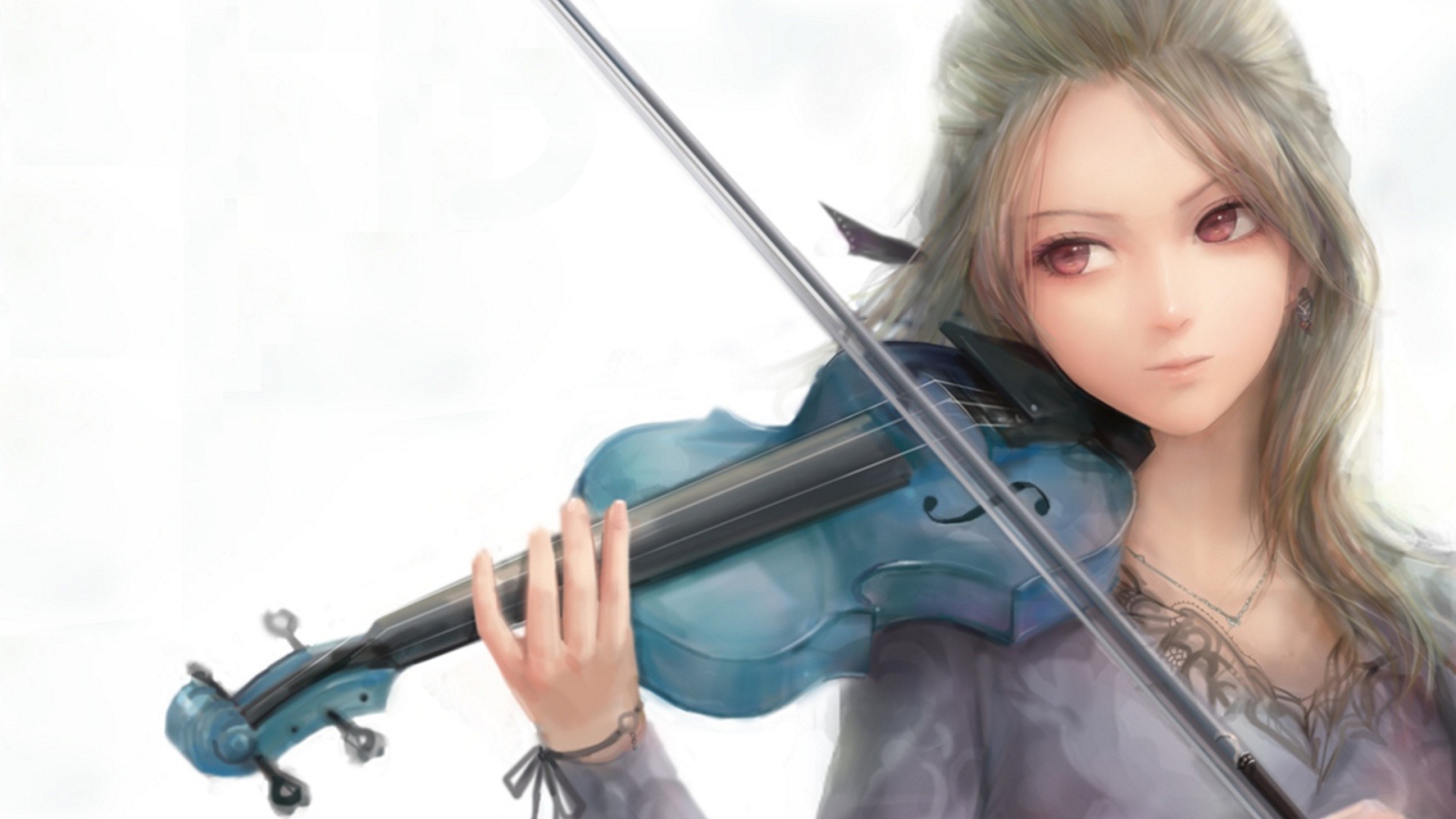 Девушка играет на голубой скрипке, рисунок