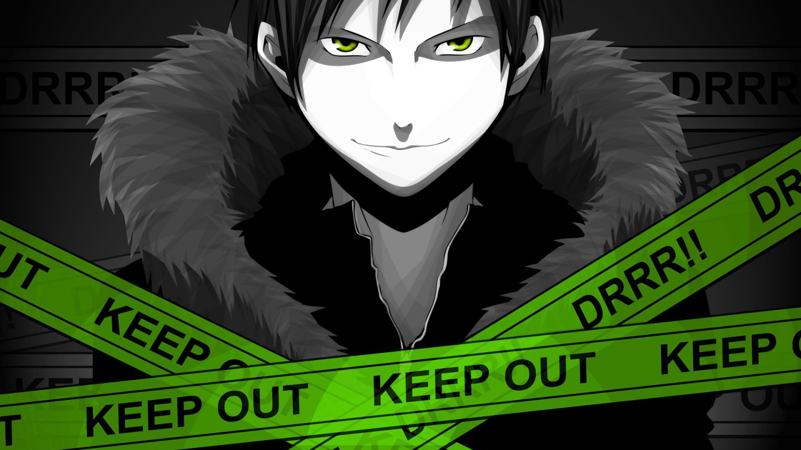 Герой аниме Дюрарара!! позади полицейских ленточек