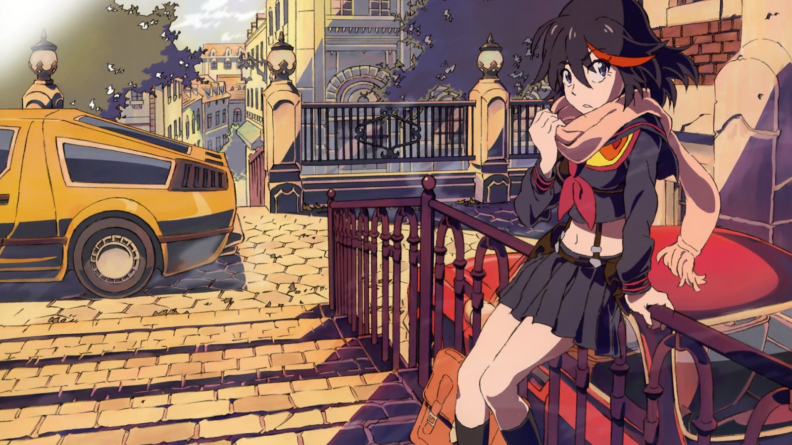 Девушка Матои сидит на заборе, аниме