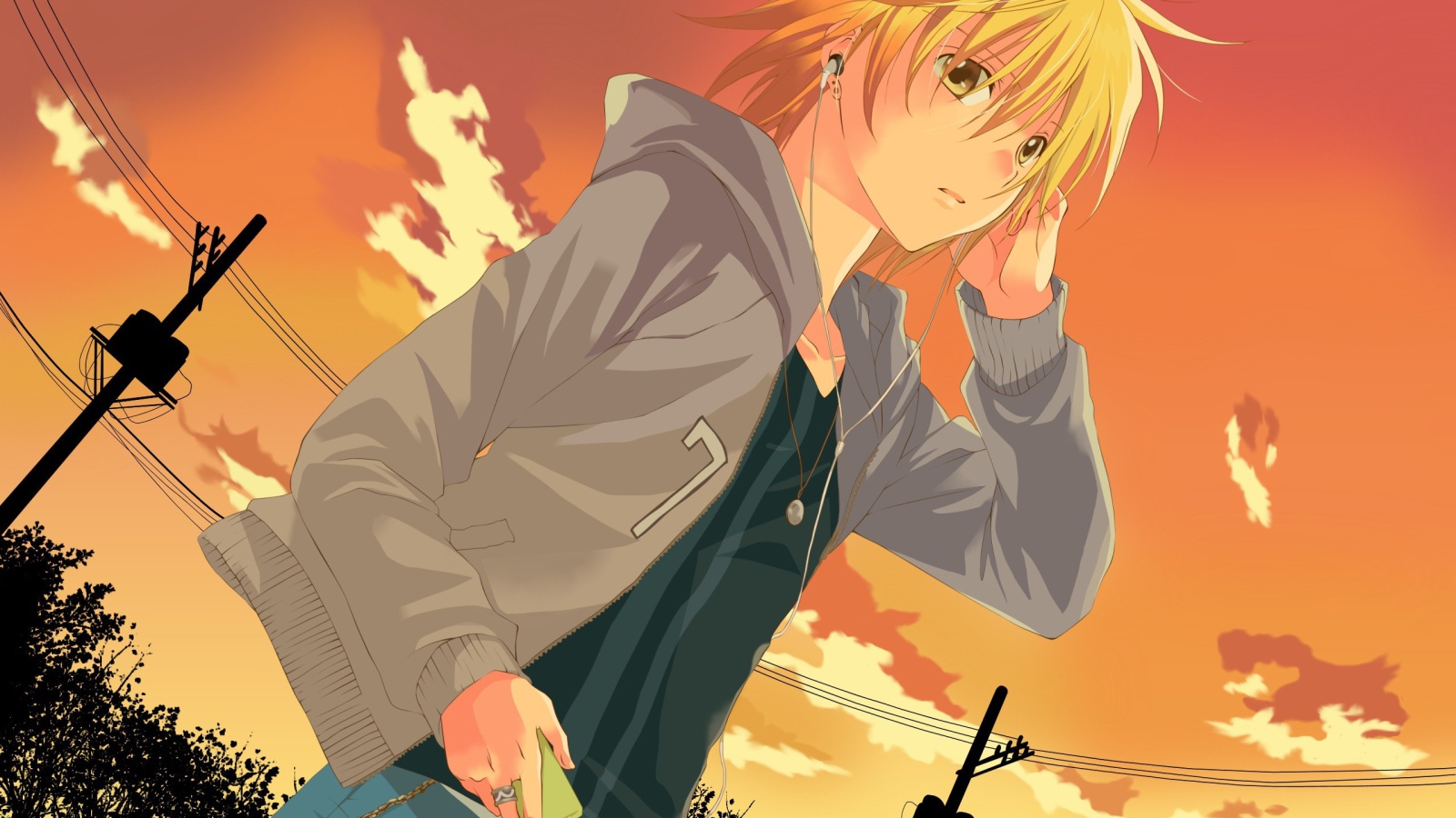 Рыжая девушка аниме на фоне неба