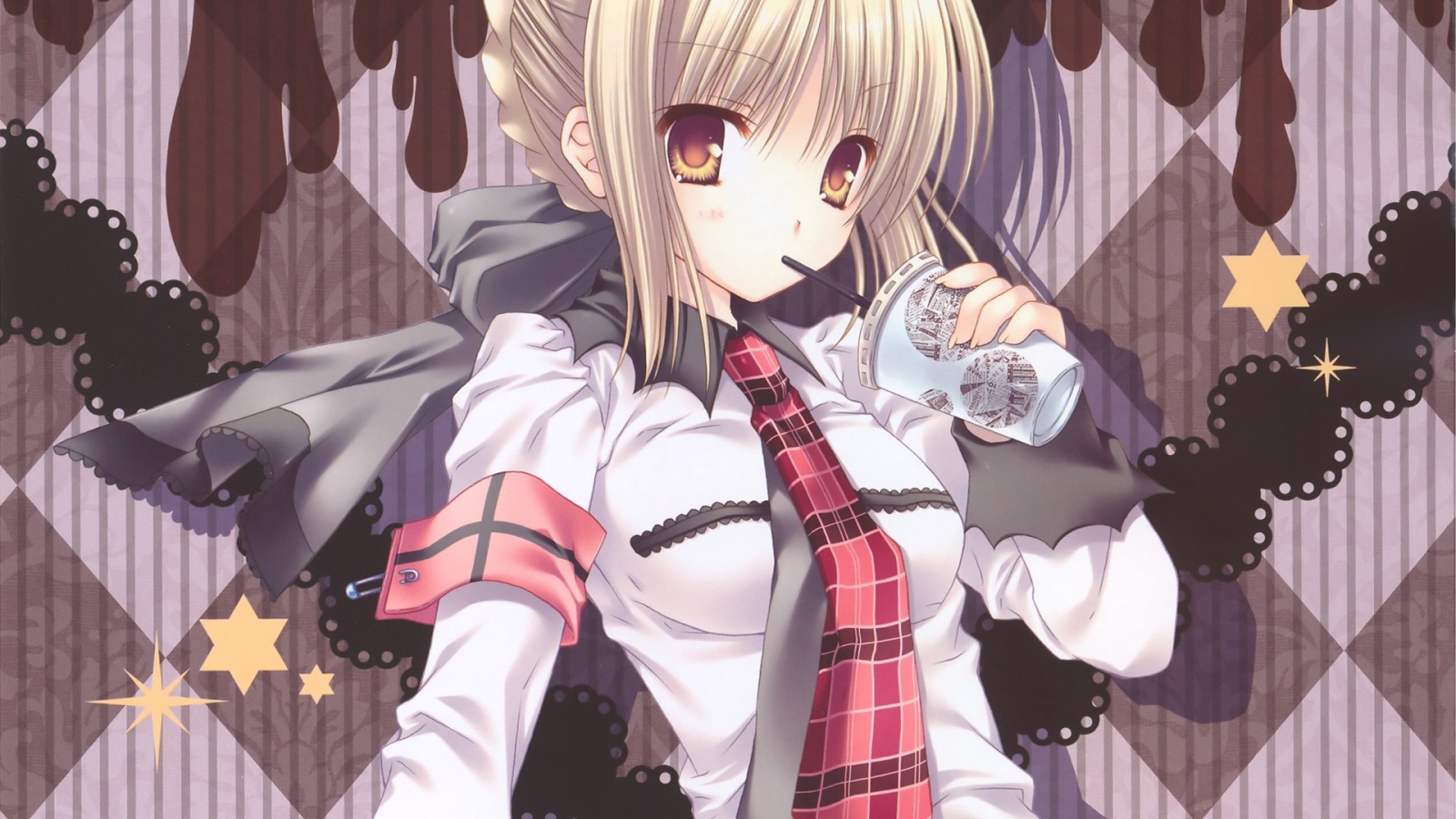 Девушка пьет напиток через соломинку, аниме Ночь прибытия