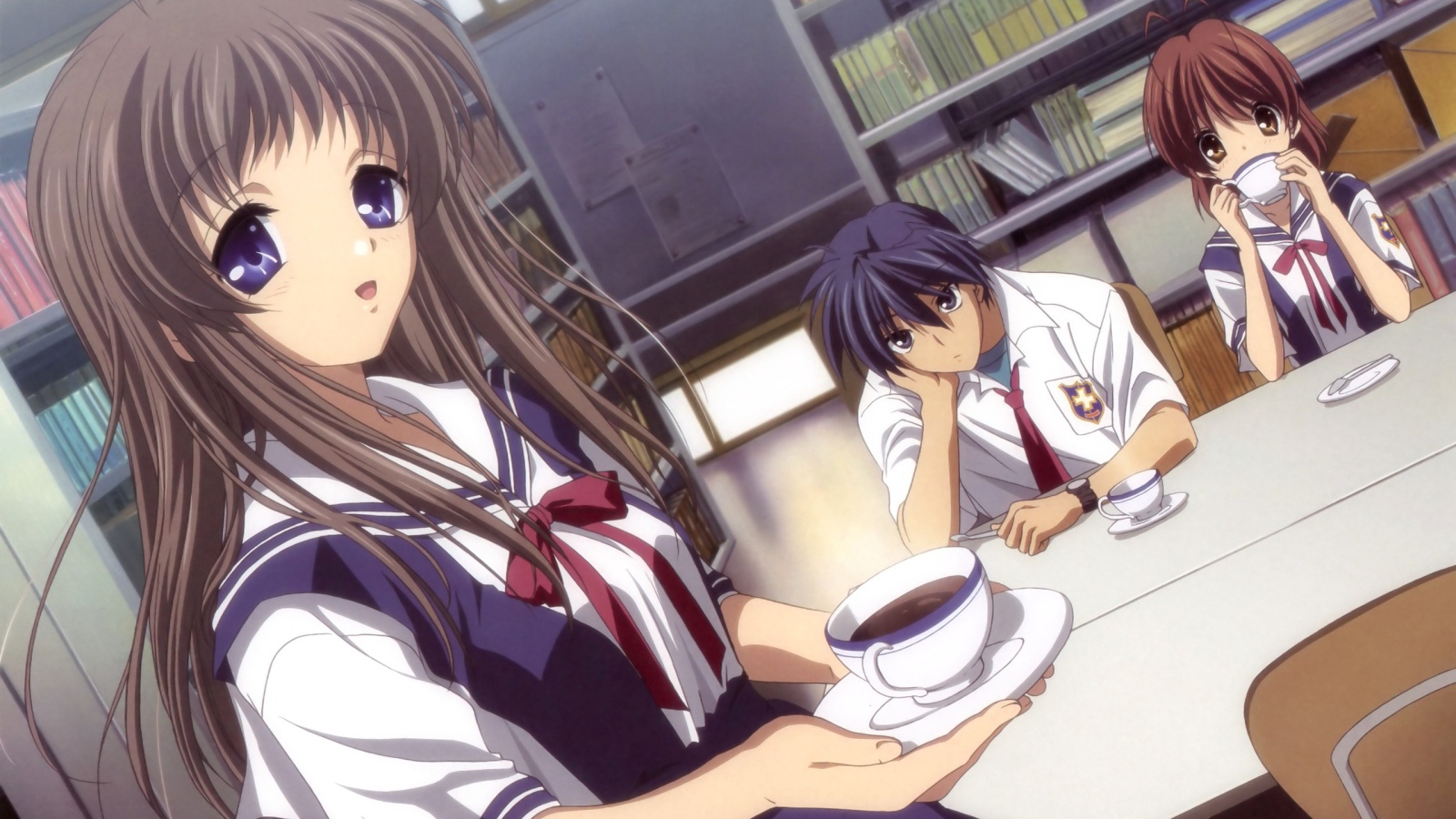 Девушка несет чай в аниме Кланнад