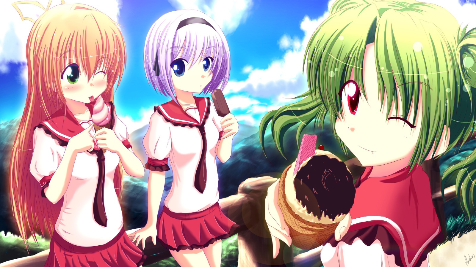 Девушки кушают мороженое в аниме Мост в звездное небо