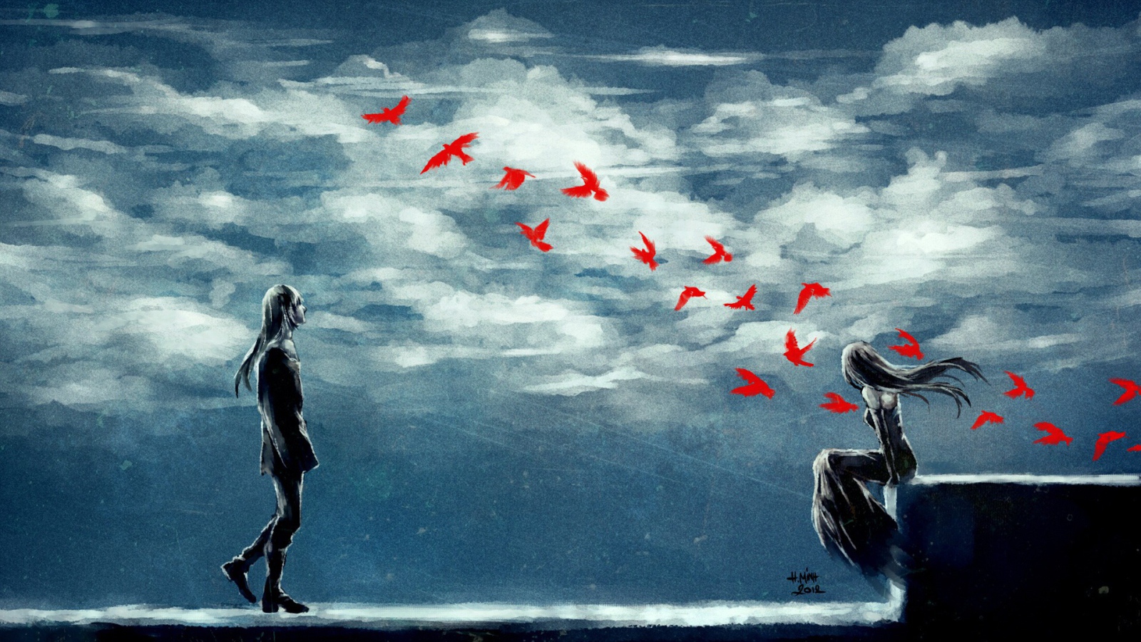 Двое смотрят на стаю красных птиц, аниме