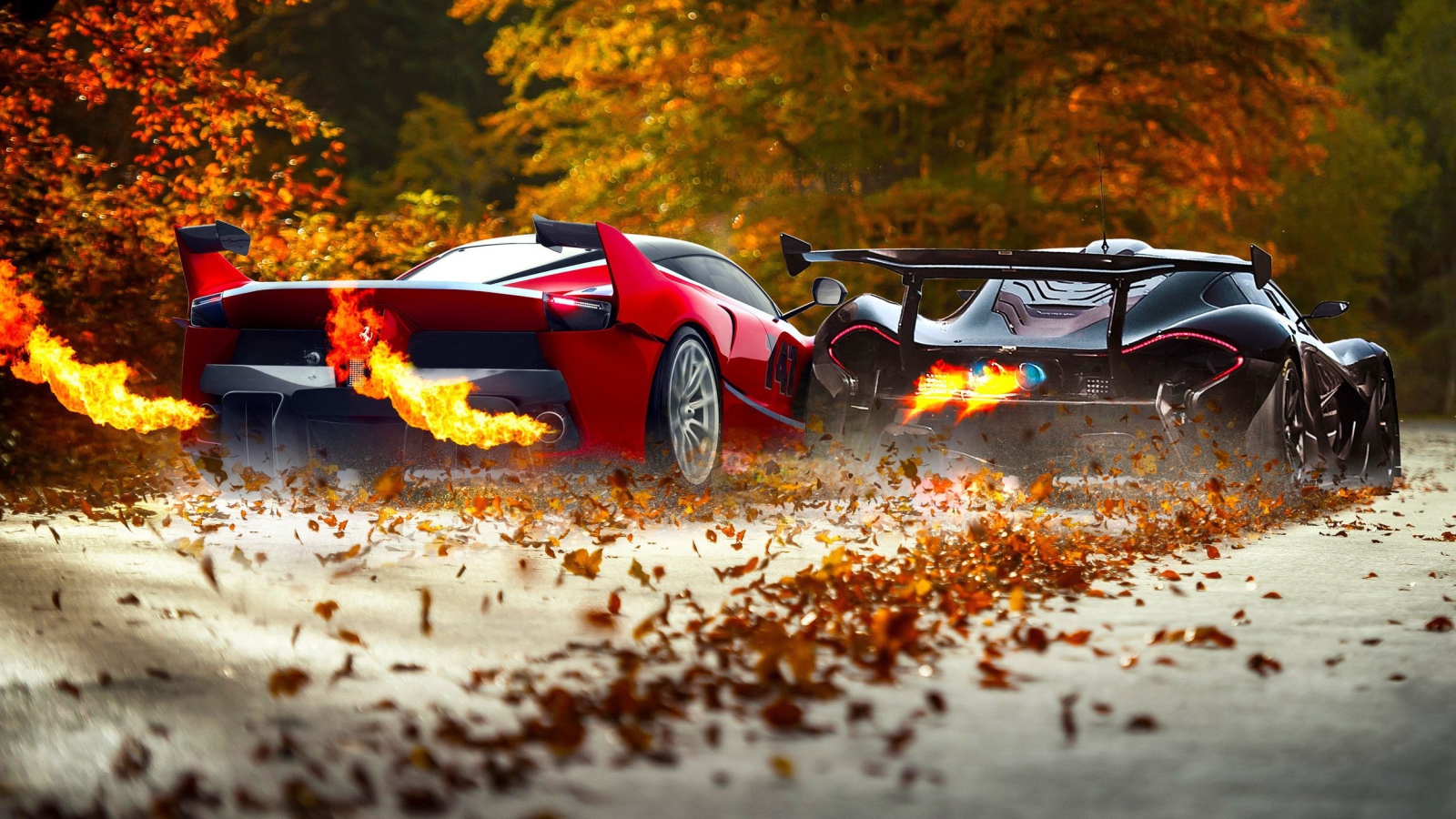 Гонка на осенней аллее Ferrari FXXK и McLaren P1