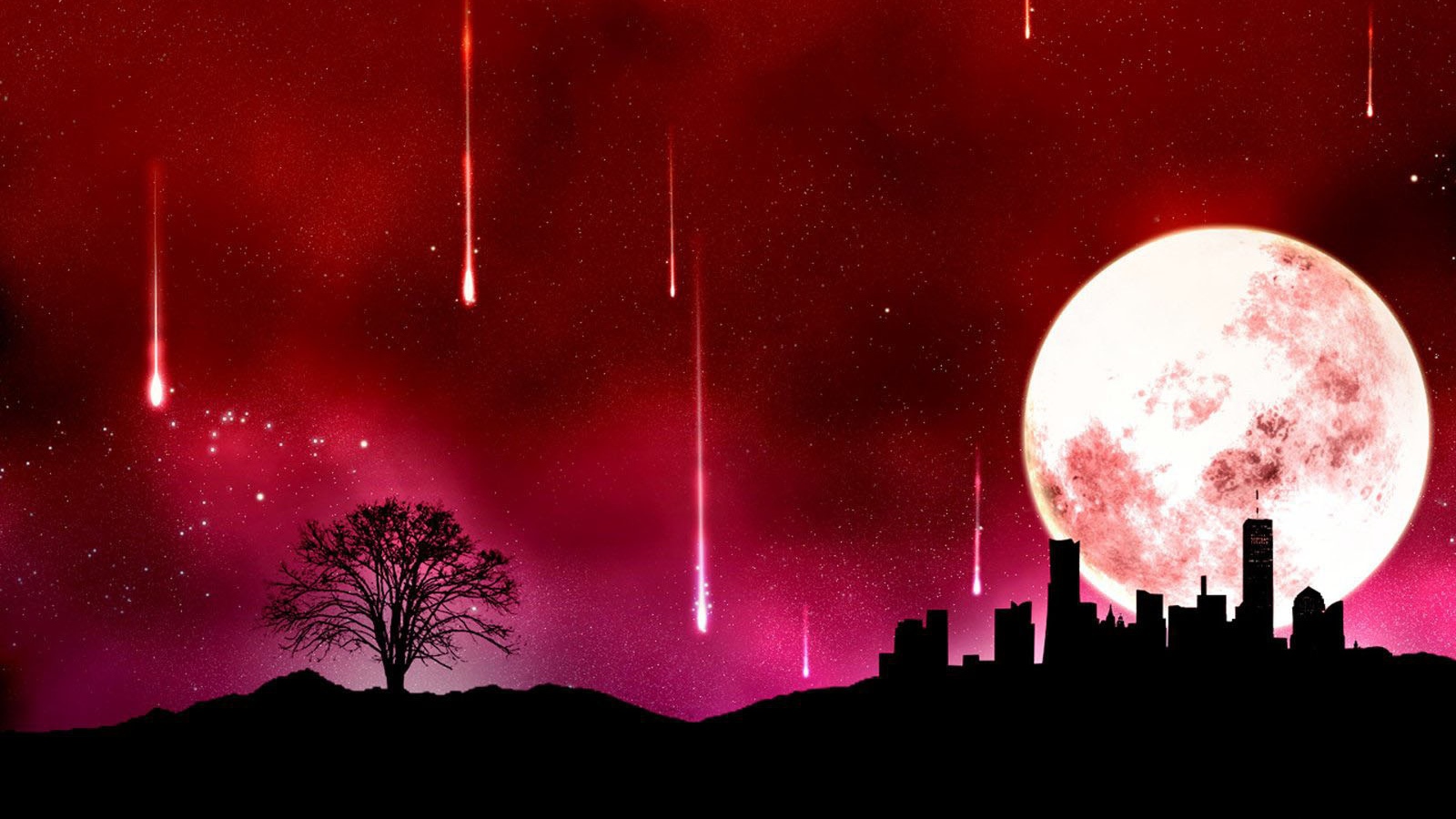 Огромная луна и падающие звезды, красный фон
