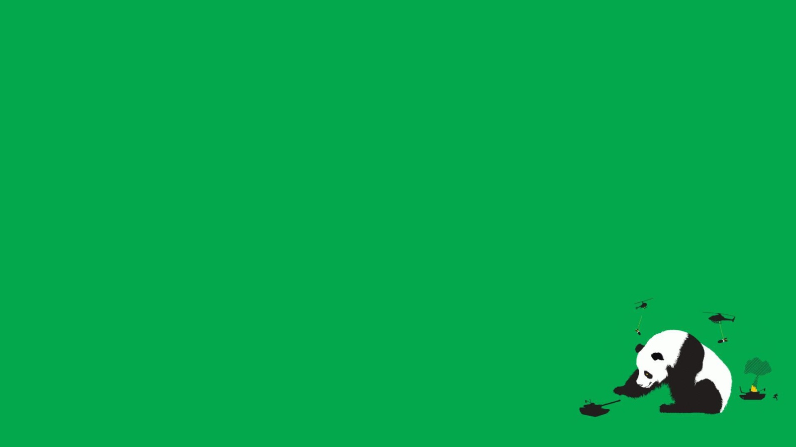 Панда играет танками, зеленый фон