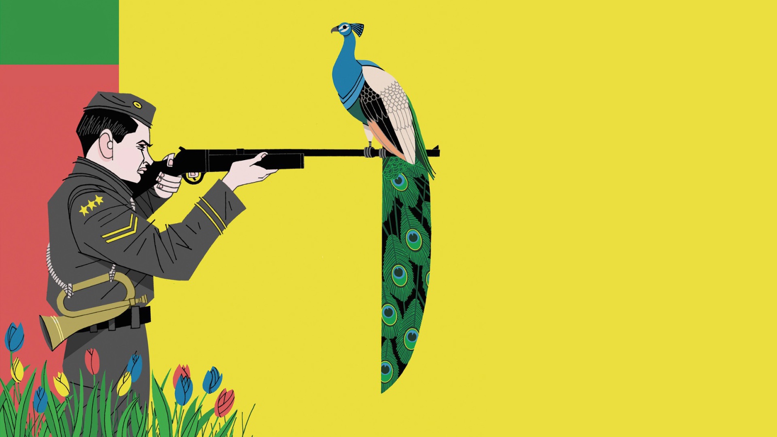 Фазан на ружье охотника, желтый фон