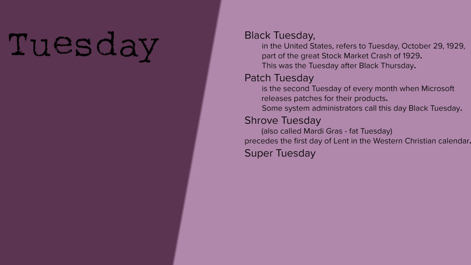 Описание вторника на английском языке