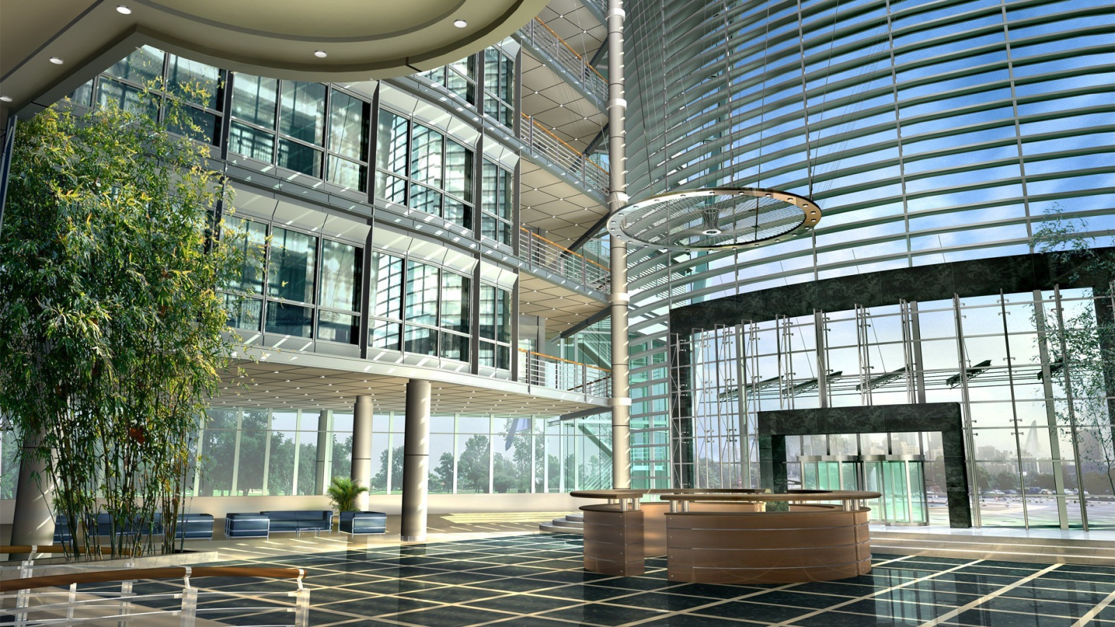 Интерьер холла стеклянного здания