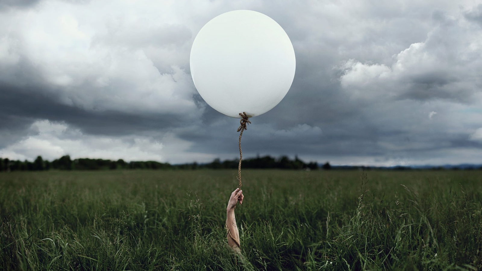 Рука с шаром среди поля