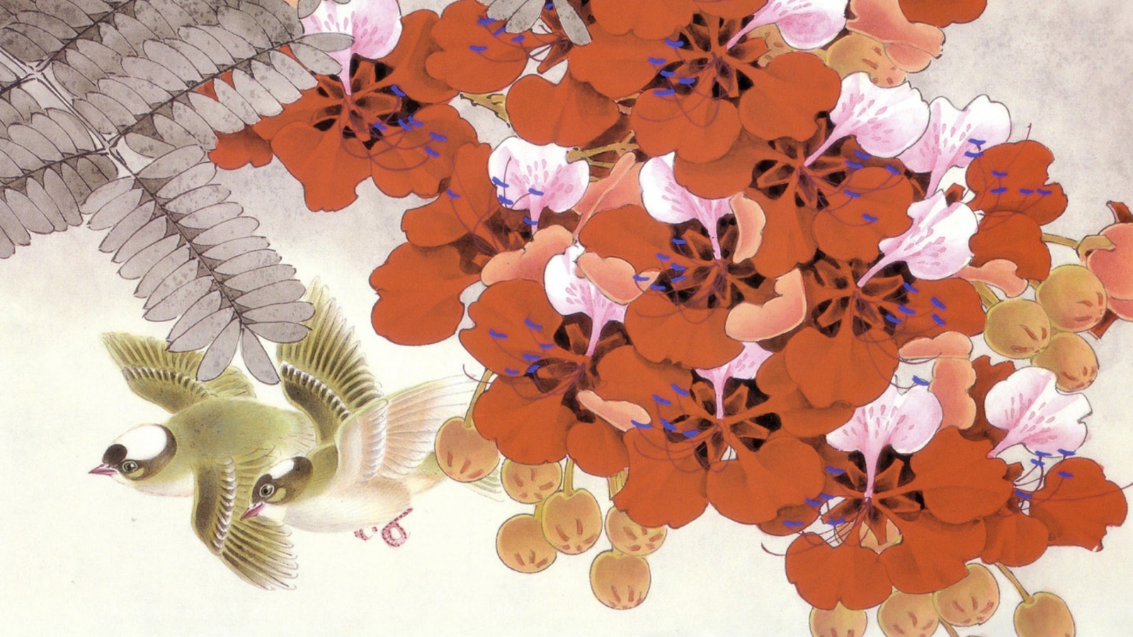 Птицы среди красных цветов, японская живопись