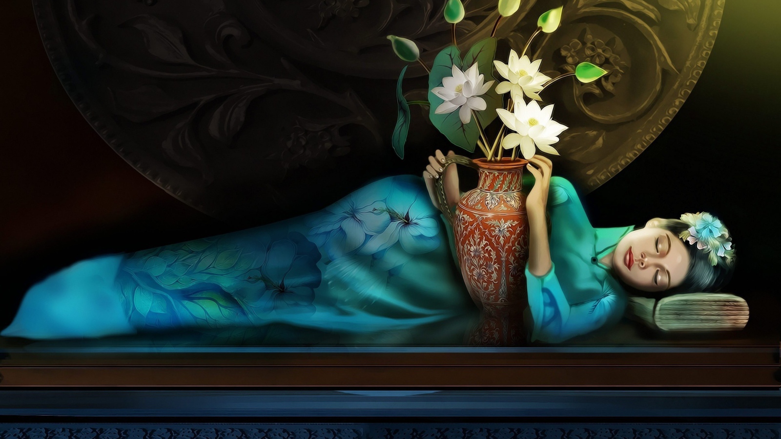 Девушка спит в обнимку с вазой