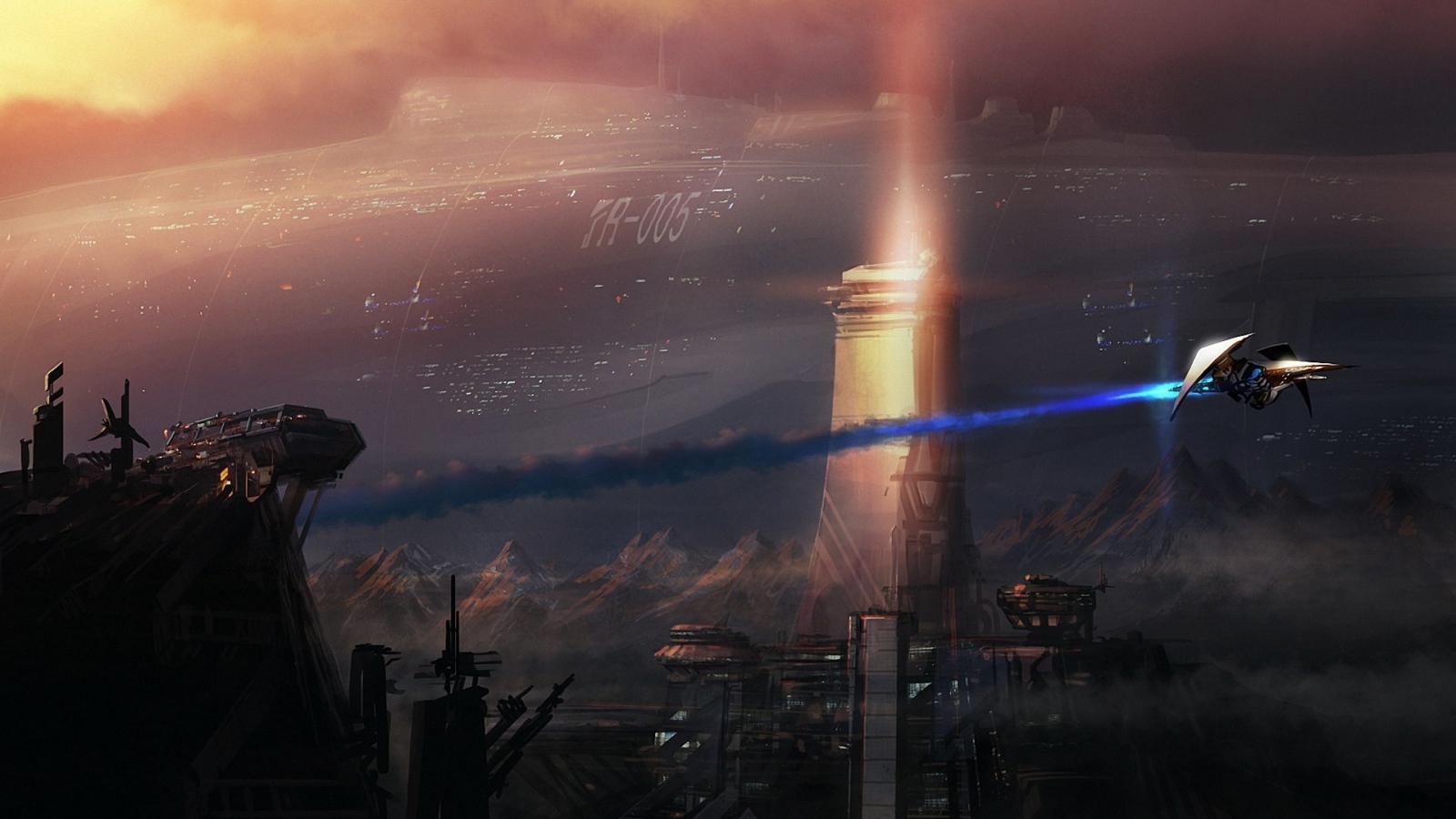 Огромный космический корабль над горами