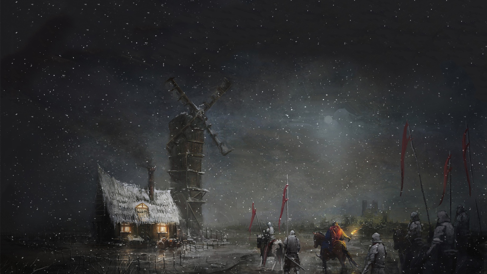 Отряд солдат у ветряной мельницы