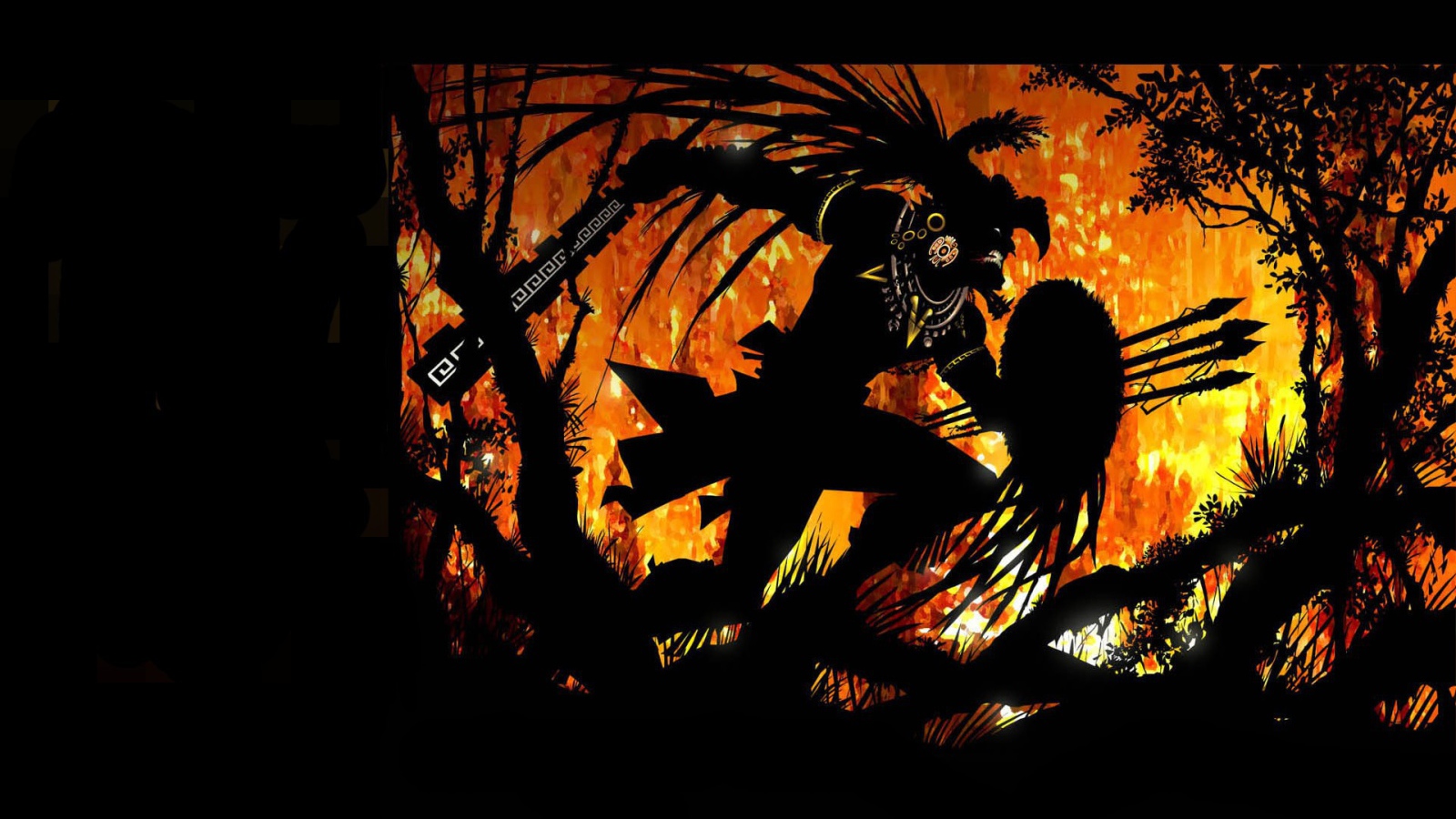 Воин ацтек в горящем лесу