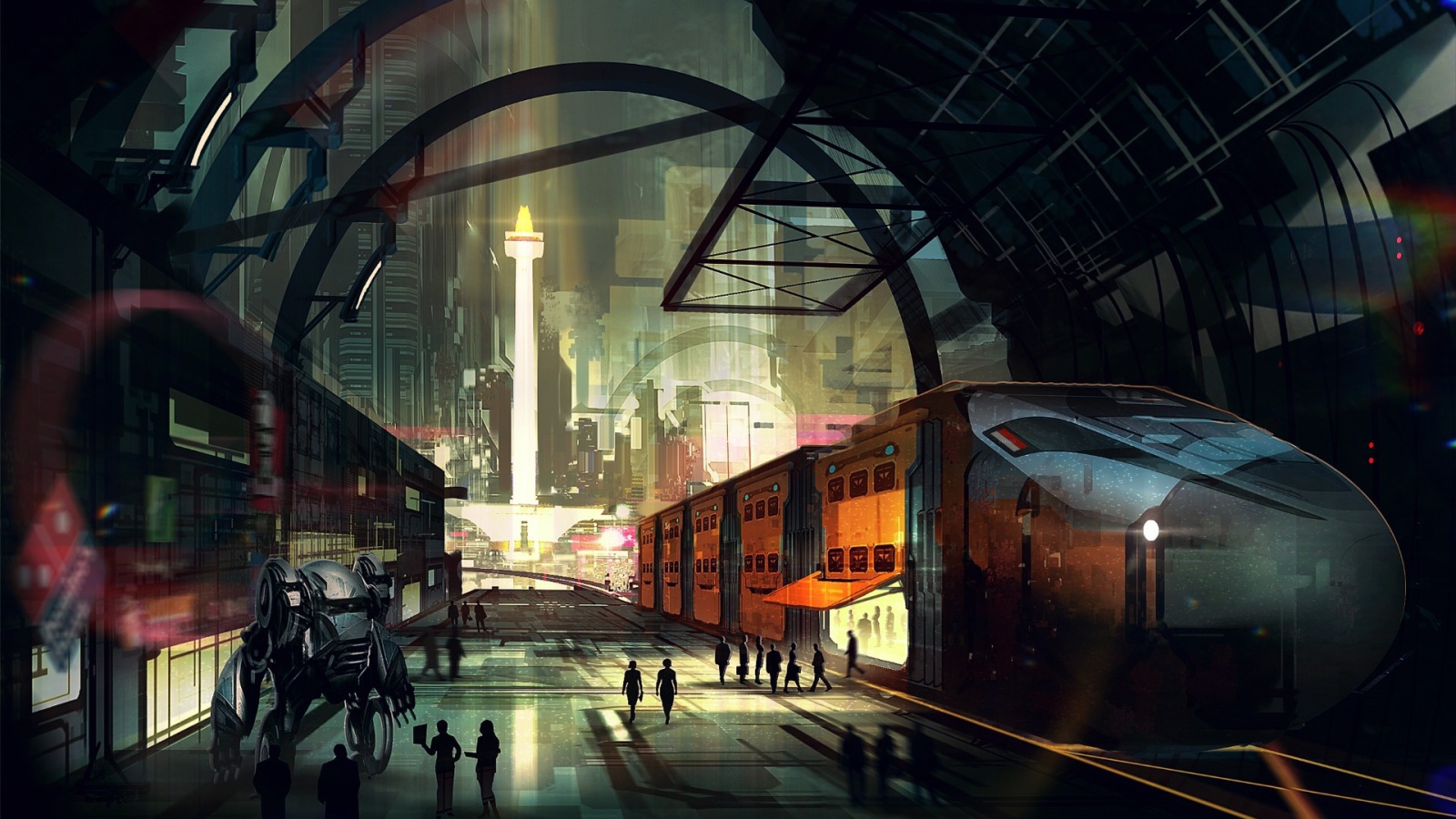 Робот на перроне вокзала в городе будущего