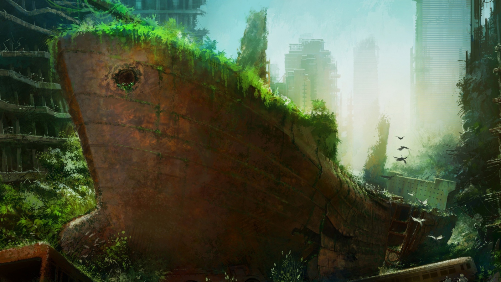 Ржавый корабль среди руин небоскребов